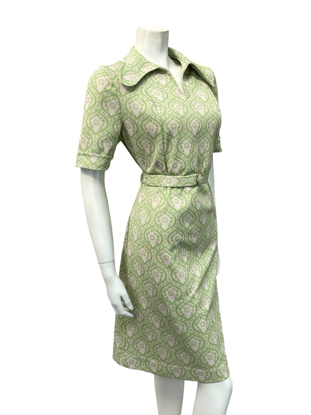 VTG 60S 70S MOD GEOMETRIC BEIGE GREEN TILE PRINT DOG EAR COLLAR BELTED DRESS 14