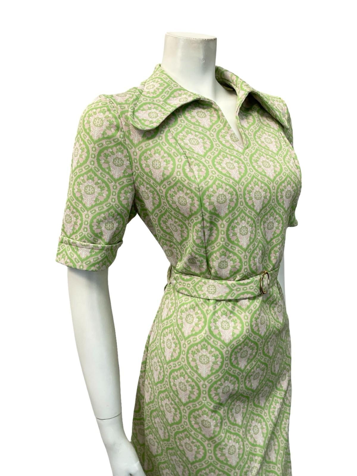 VTG 60S 70S MOD GEOMETRIC BEIGE GREEN TILE PRINT DOG EAR COLLAR BELTED DRESS 14