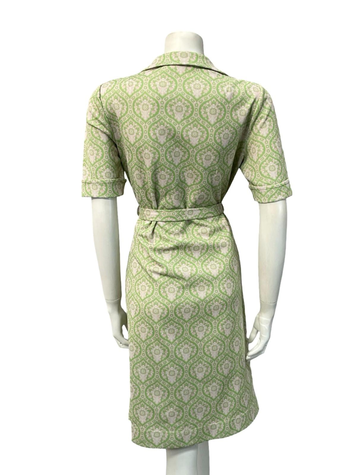 VTG 60S 70S MOD GEOMETRIC BEIGE GREEN TILE PRINT DOG EAR COLLAR BELTED DRESS 14