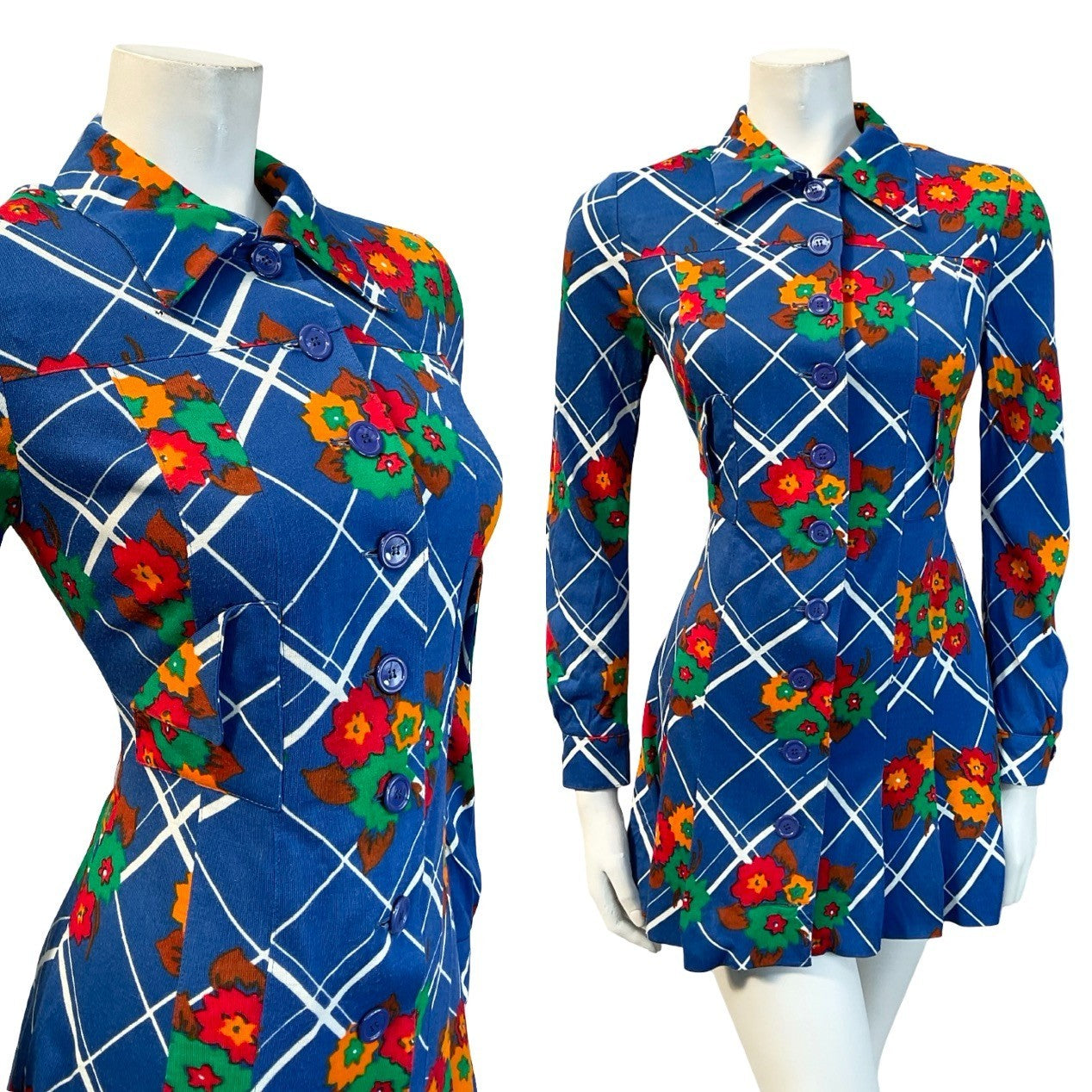 VTG 60S 70S MOD GOGO BLUE WHITE RED GREEN FLORAL PLAID DAGGER SHIRT DRESS 6 8