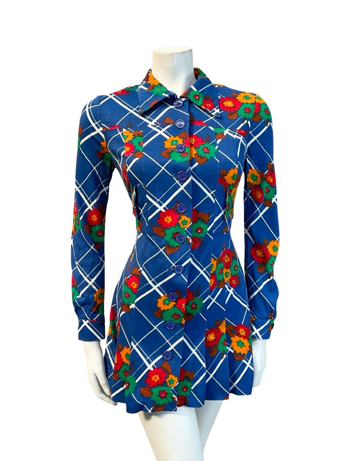VTG 60S 70S MOD GOGO BLUE WHITE RED GREEN FLORAL PLAID DAGGER SHIRT DRESS 6 8