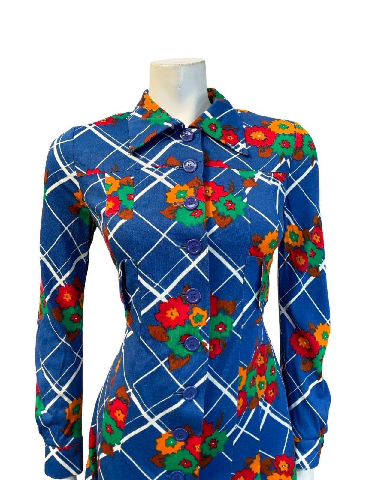 VTG 60S 70S MOD GOGO BLUE WHITE RED GREEN FLORAL PLAID DAGGER SHIRT DRESS 6 8