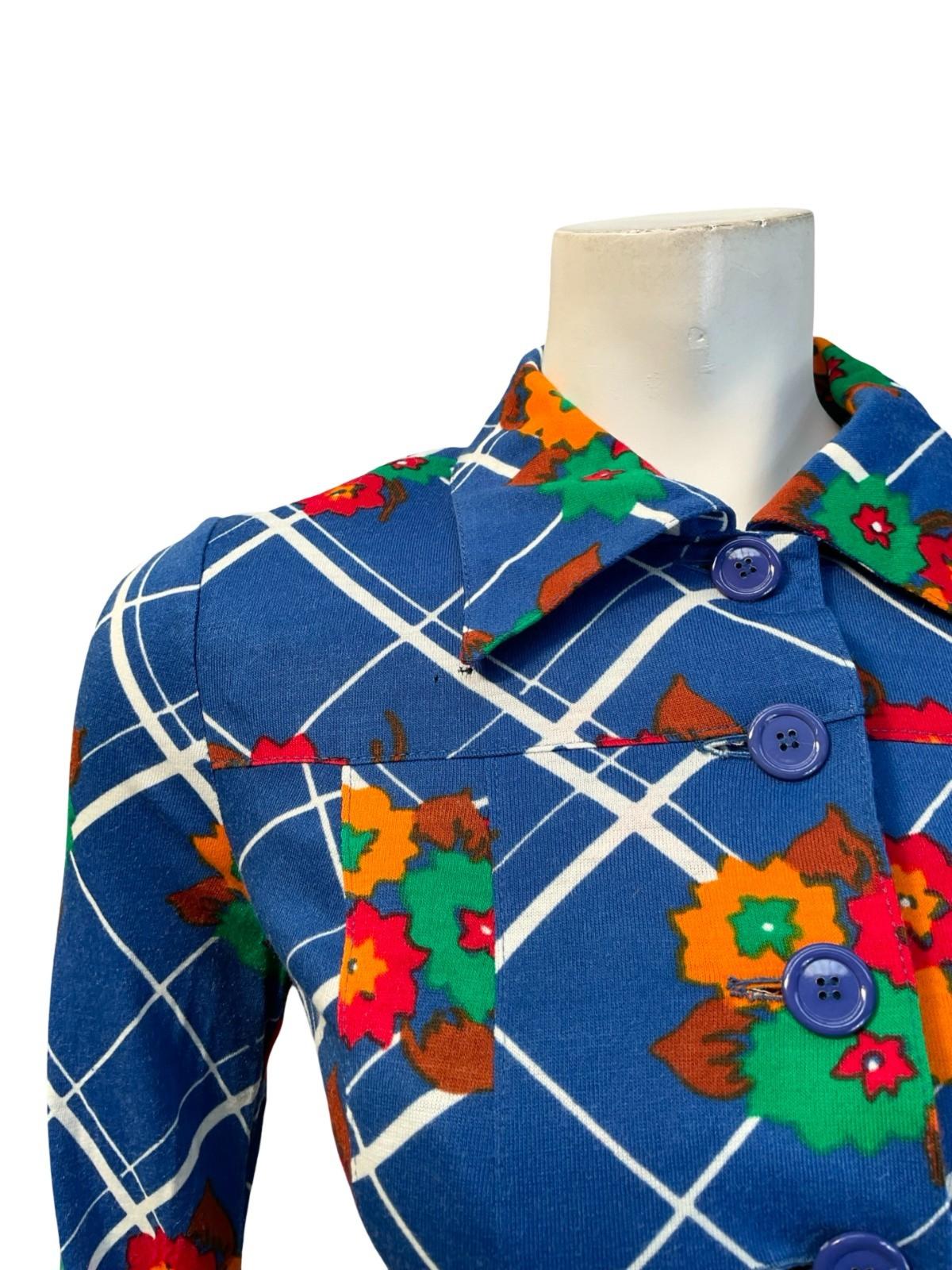 VTG 60S 70S MOD GOGO BLUE WHITE RED GREEN FLORAL PLAID DAGGER SHIRT DRESS 6 8