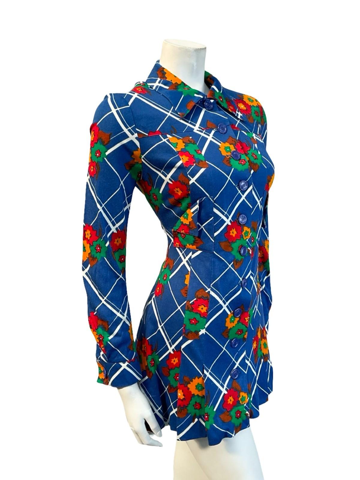 VTG 60S 70S MOD GOGO BLUE WHITE RED GREEN FLORAL PLAID DAGGER SHIRT DRESS 6 8