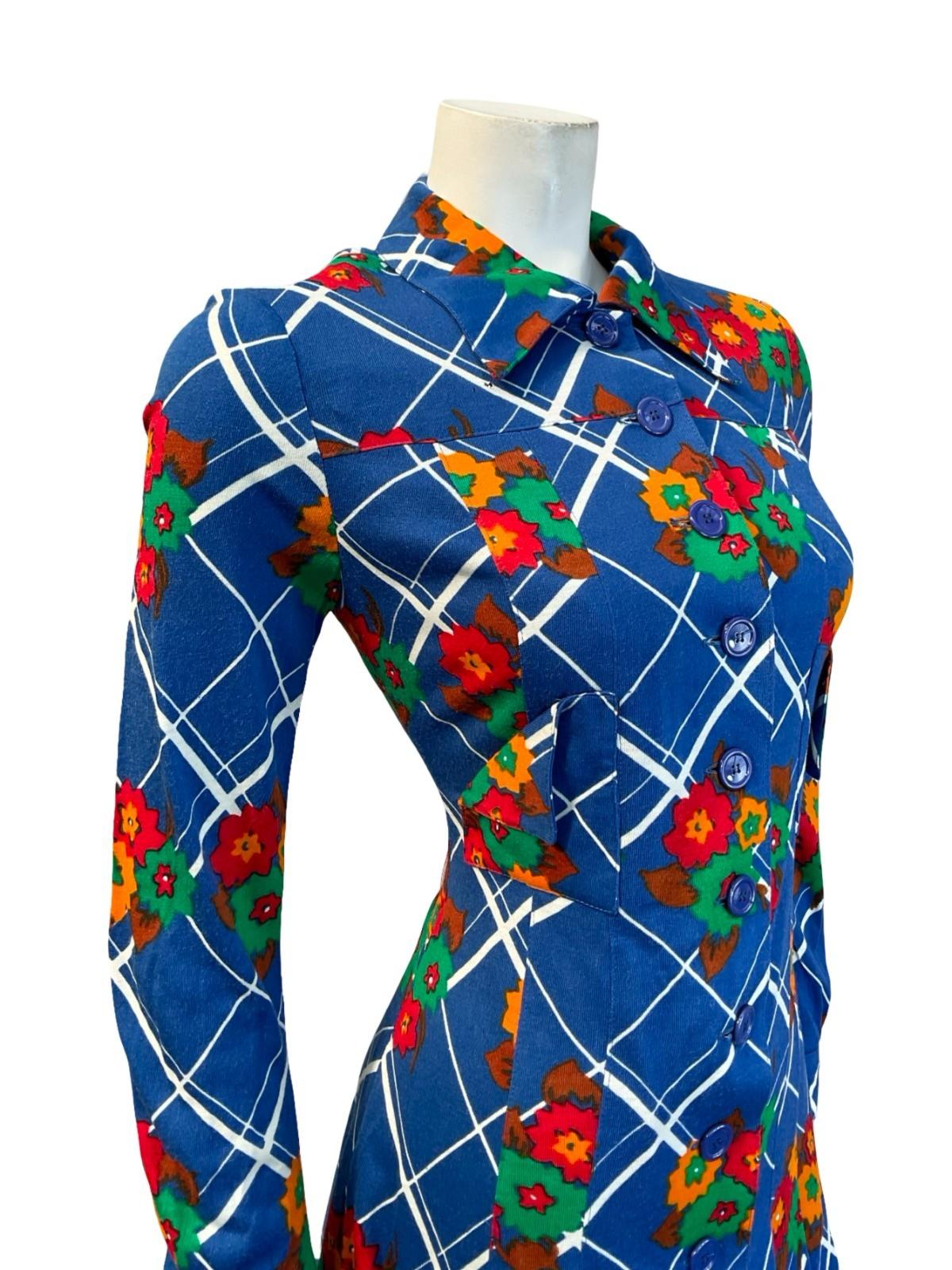 VTG 60S 70S MOD GOGO BLUE WHITE RED GREEN FLORAL PLAID DAGGER SHIRT DRESS 6 8