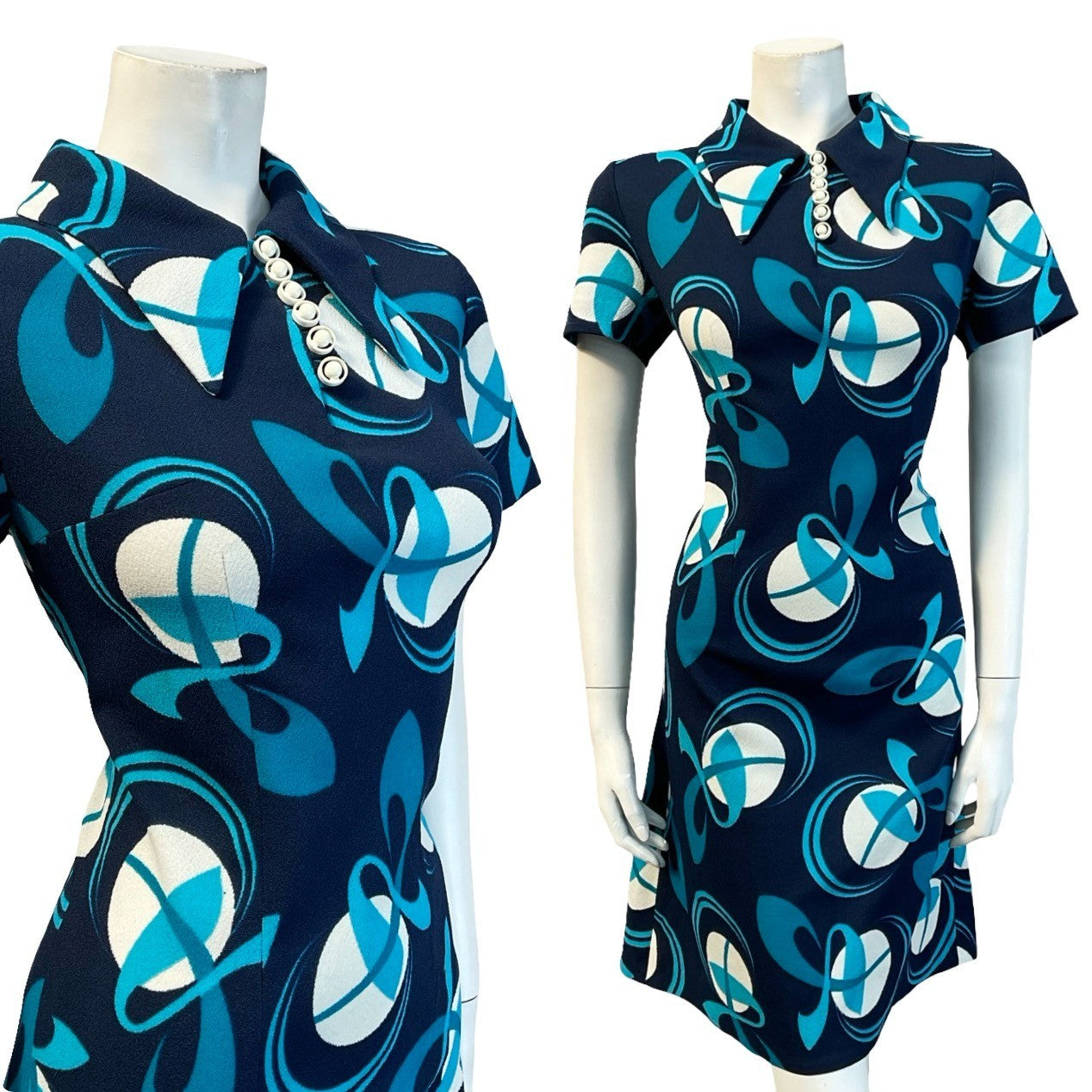 VTG 60S 70S NAVY BLUE WHITE GEOMETRIC MOD DAGGER COLLAR SHIFT MINI DRESS 12
