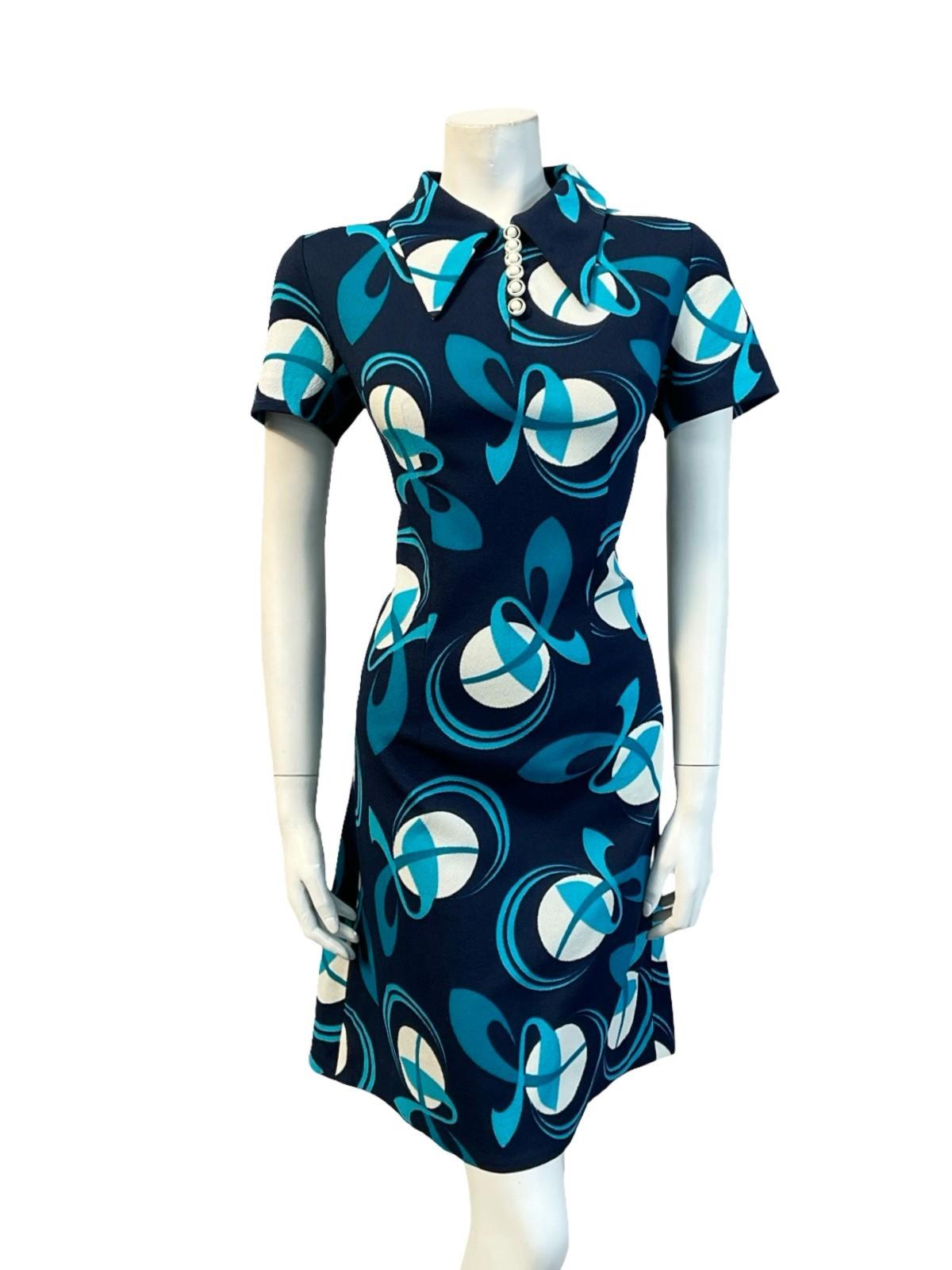 VTG 60S 70S NAVY BLUE WHITE GEOMETRIC MOD DAGGER COLLAR SHIFT MINI DRESS 12
