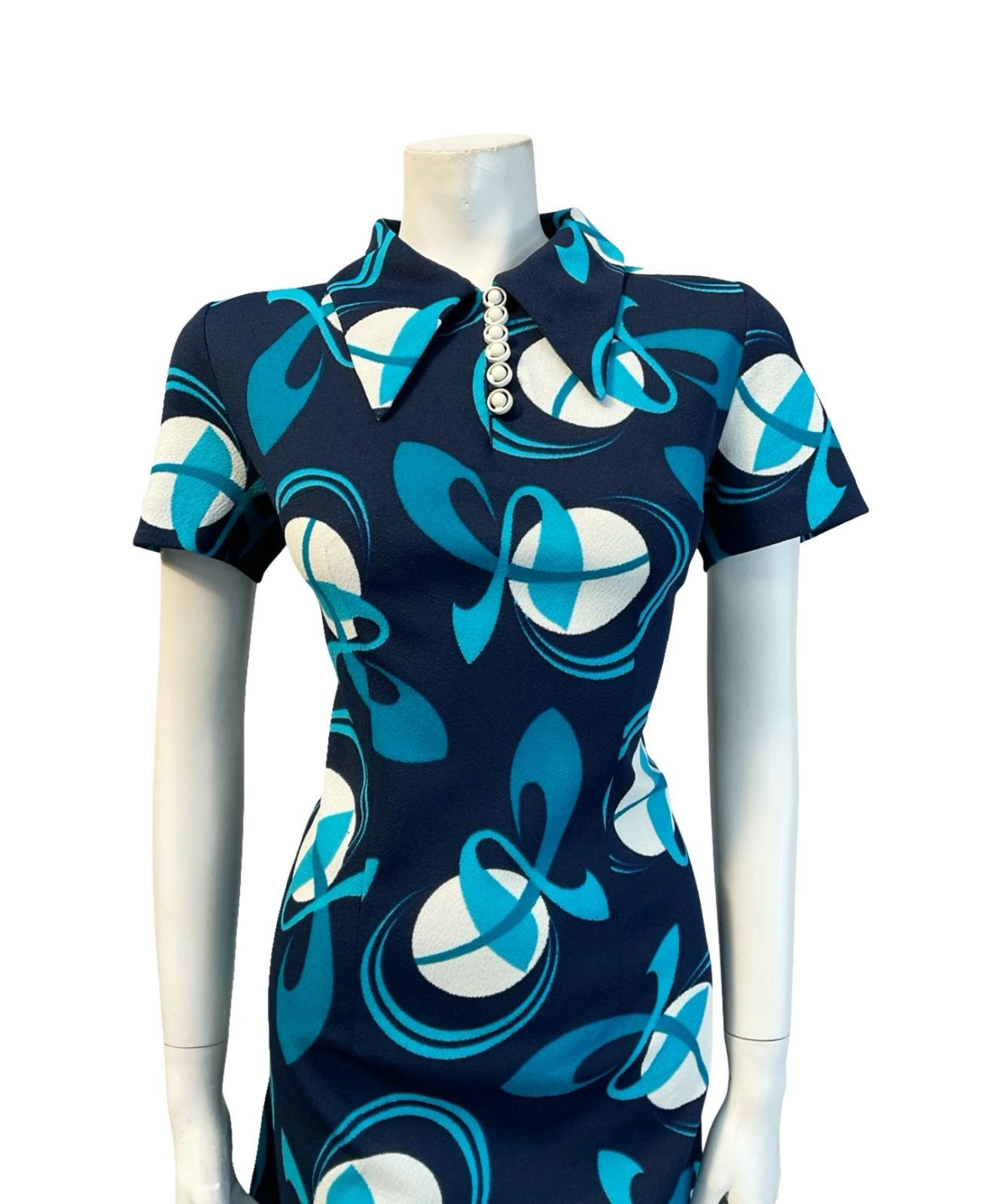 VTG 60S 70S NAVY BLUE WHITE GEOMETRIC MOD DAGGER COLLAR SHIFT MINI DRESS 12