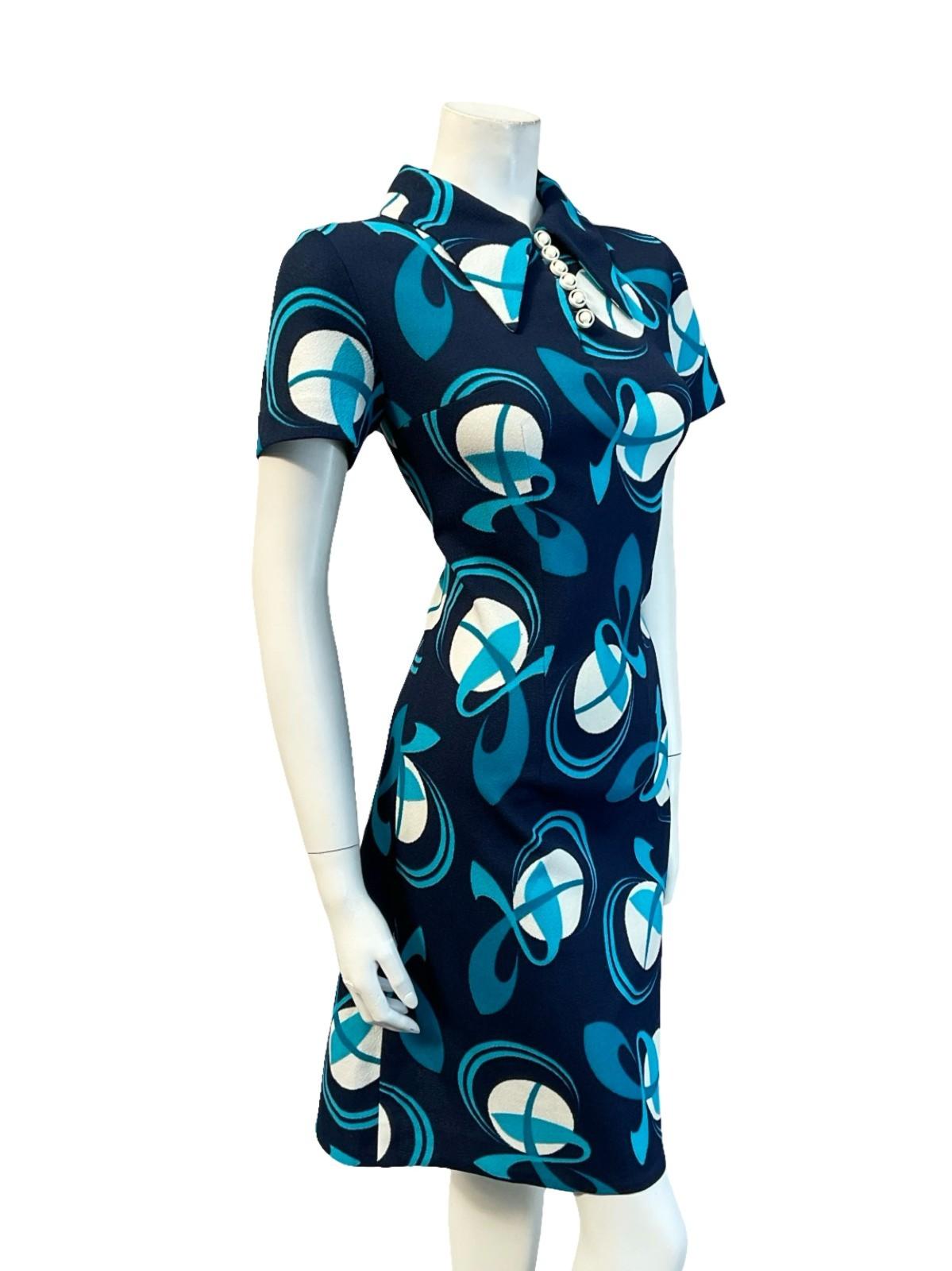 VTG 60S 70S NAVY BLUE WHITE GEOMETRIC MOD DAGGER COLLAR SHIFT MINI DRESS 12