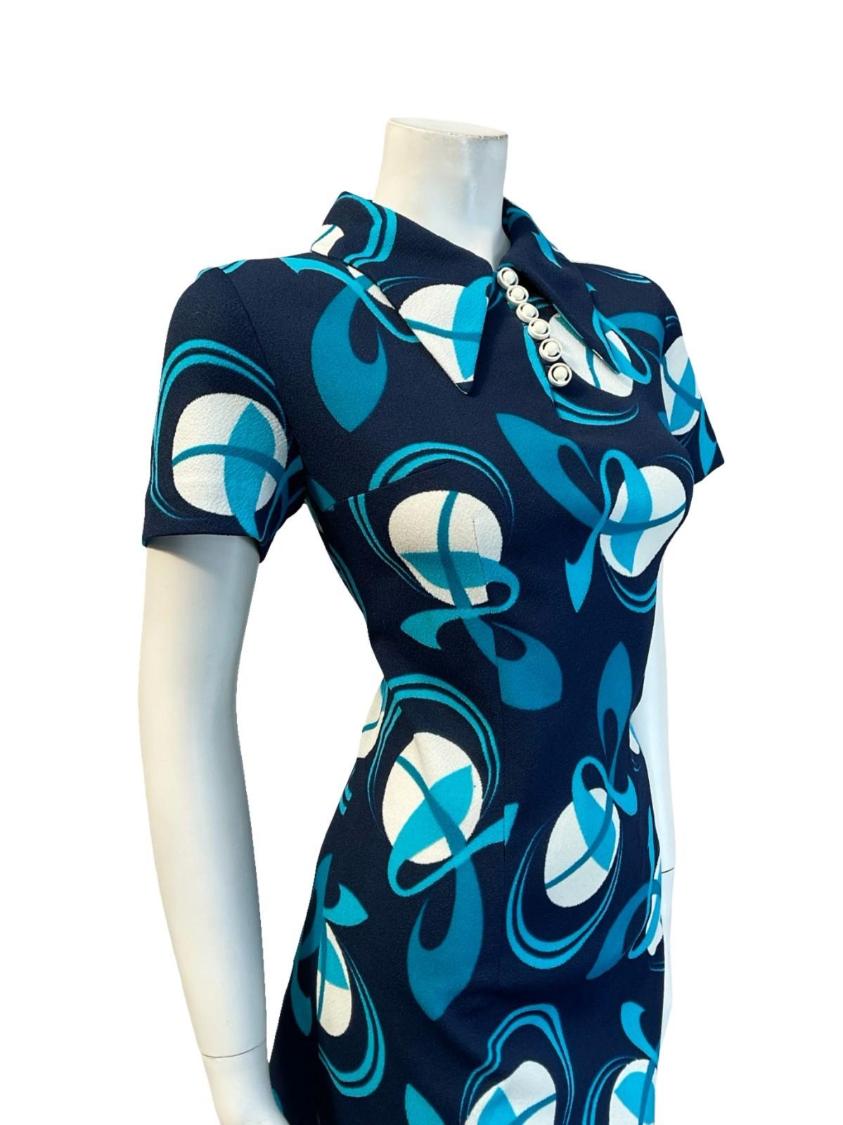 VTG 60S 70S NAVY BLUE WHITE GEOMETRIC MOD DAGGER COLLAR SHIFT MINI DRESS 12