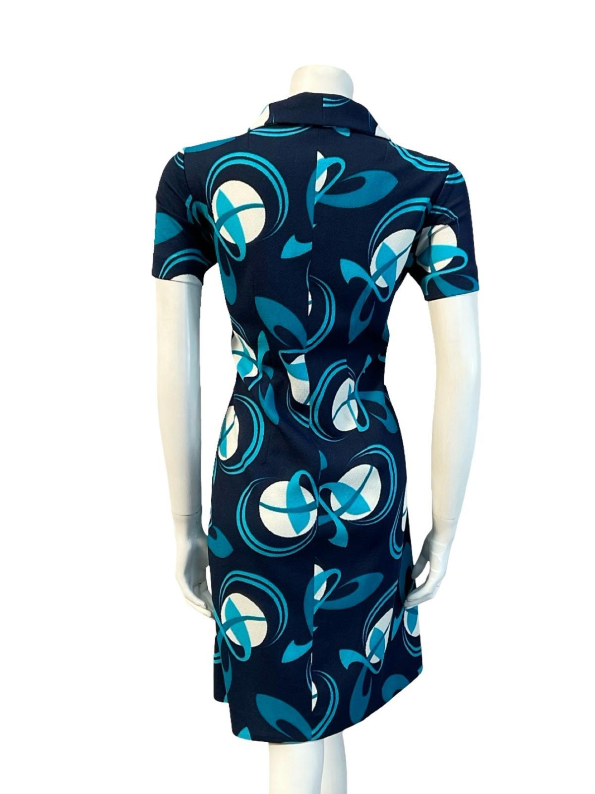 VTG 60S 70S NAVY BLUE WHITE GEOMETRIC MOD DAGGER COLLAR SHIFT MINI DRESS 12