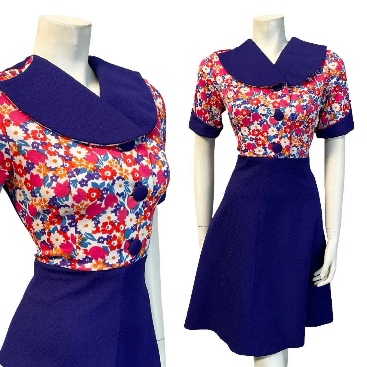 VTG 60S 70S PURPLE PINK WHITE BLUE FLORAL SWING ROUNDED LAPEL SHIRT DRESS 6