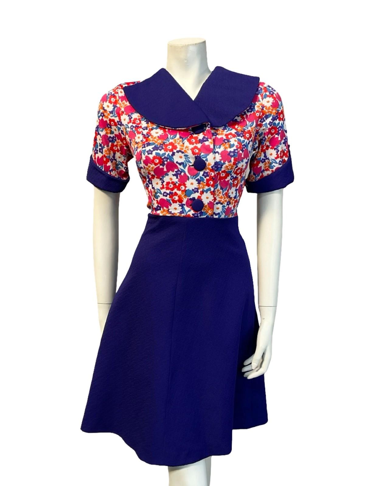VTG 60S 70S PURPLE PINK WHITE BLUE FLORAL SWING ROUNDED LAPEL SHIRT DRESS 6