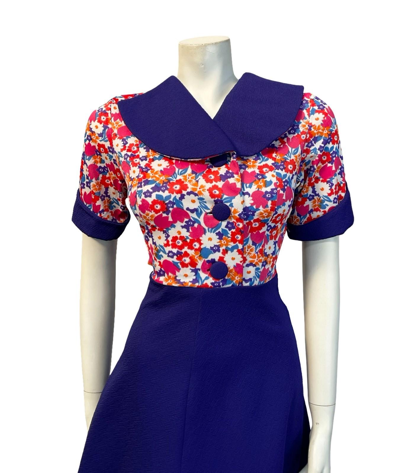 VTG 60S 70S PURPLE PINK WHITE BLUE FLORAL SWING ROUNDED LAPEL SHIRT DRESS 6