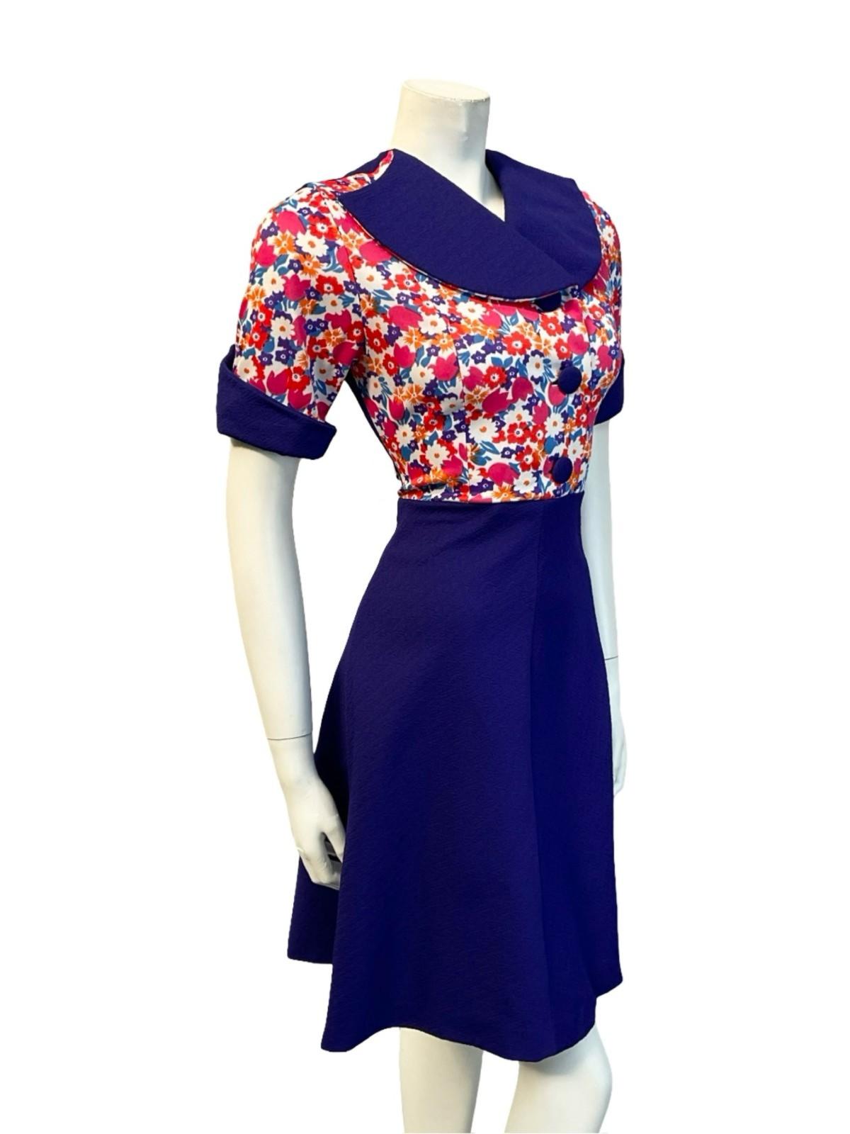 VTG 60S 70S PURPLE PINK WHITE BLUE FLORAL SWING ROUNDED LAPEL SHIRT DRESS 6