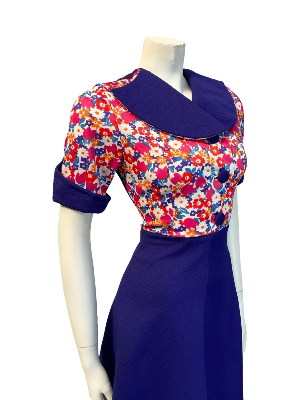VTG 60S 70S PURPLE PINK WHITE BLUE FLORAL SWING ROUNDED LAPEL SHIRT DRESS 6