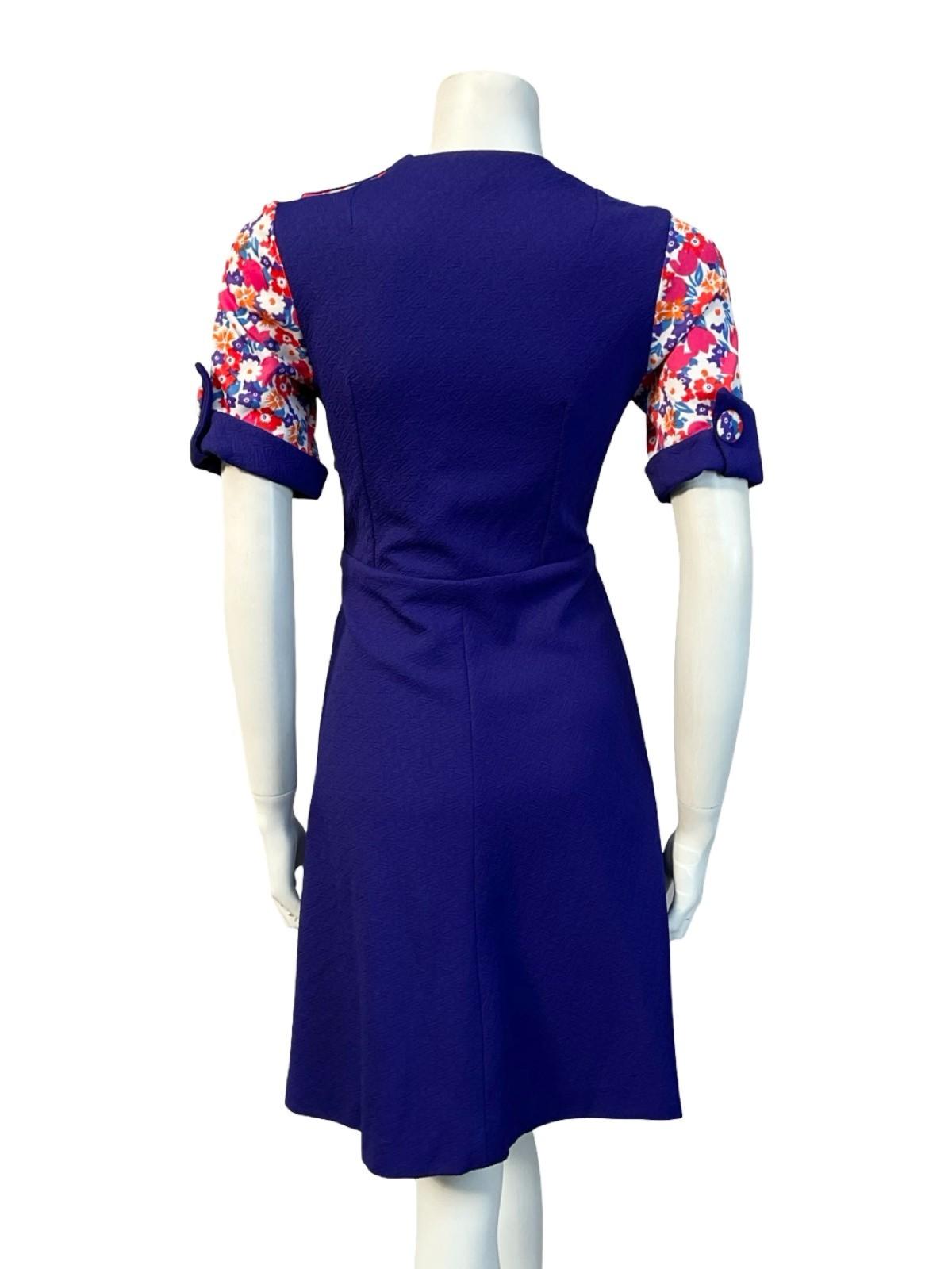 VTG 60S 70S PURPLE PINK WHITE BLUE FLORAL SWING ROUNDED LAPEL SHIRT DRESS 6