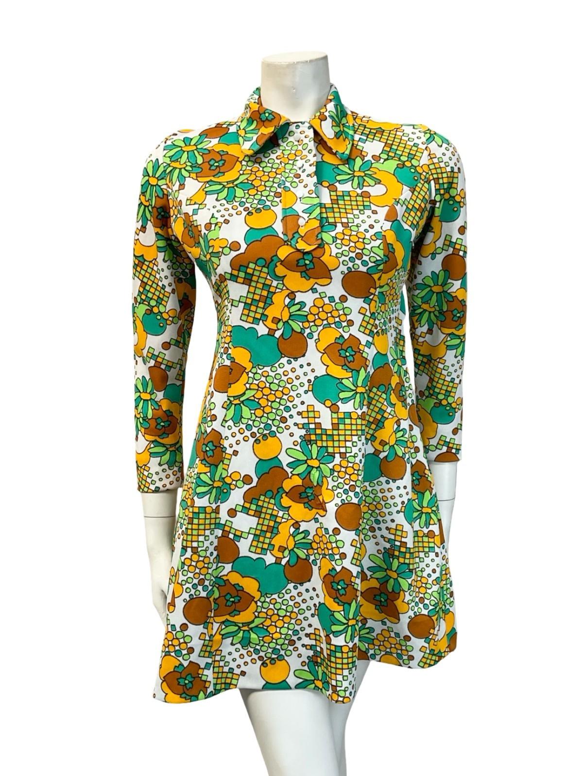 VTG 60S 70S WHITE GREEN YELLOW FLORAL MOD DOTTY GEOMETRIC SHIFT DRESS 10