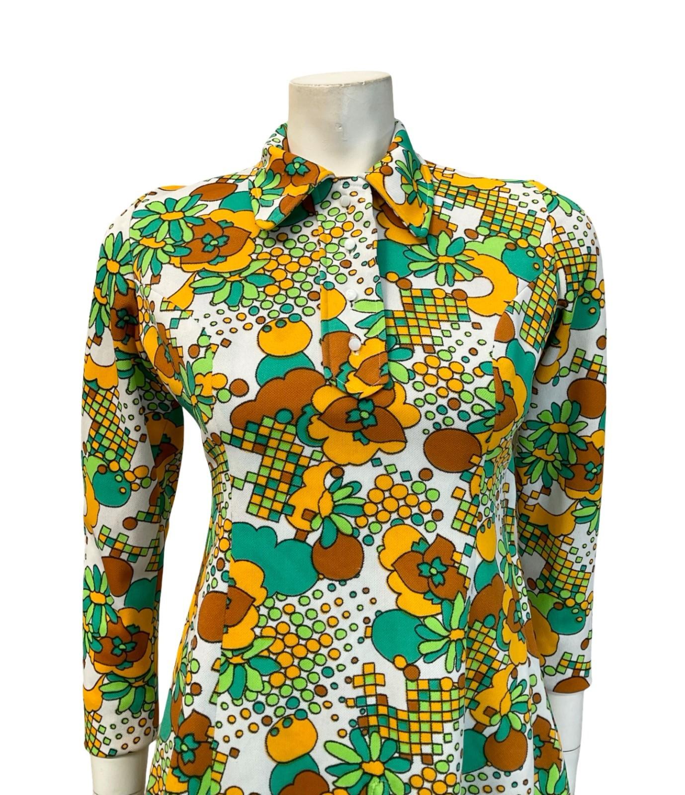 VTG 60S 70S WHITE GREEN YELLOW FLORAL MOD DOTTY GEOMETRIC SHIFT DRESS 10