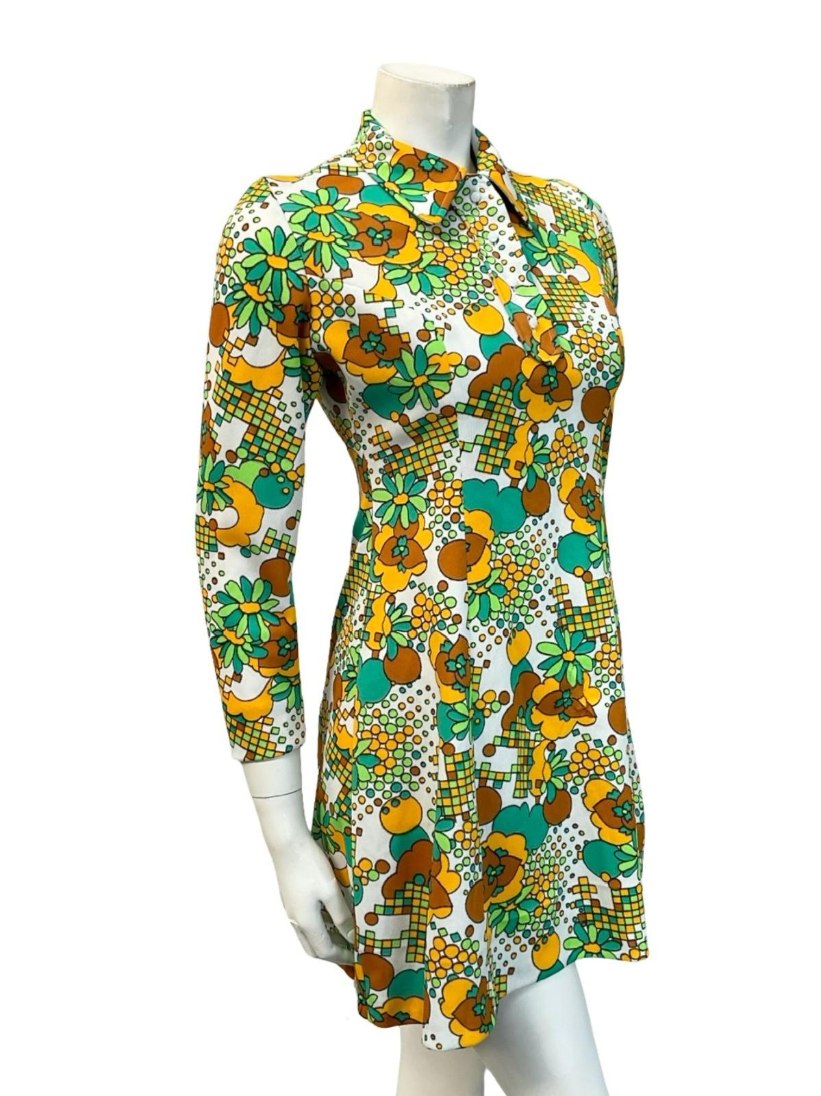 VTG 60S 70S WHITE GREEN YELLOW FLORAL MOD DOTTY GEOMETRIC SHIFT DRESS 10