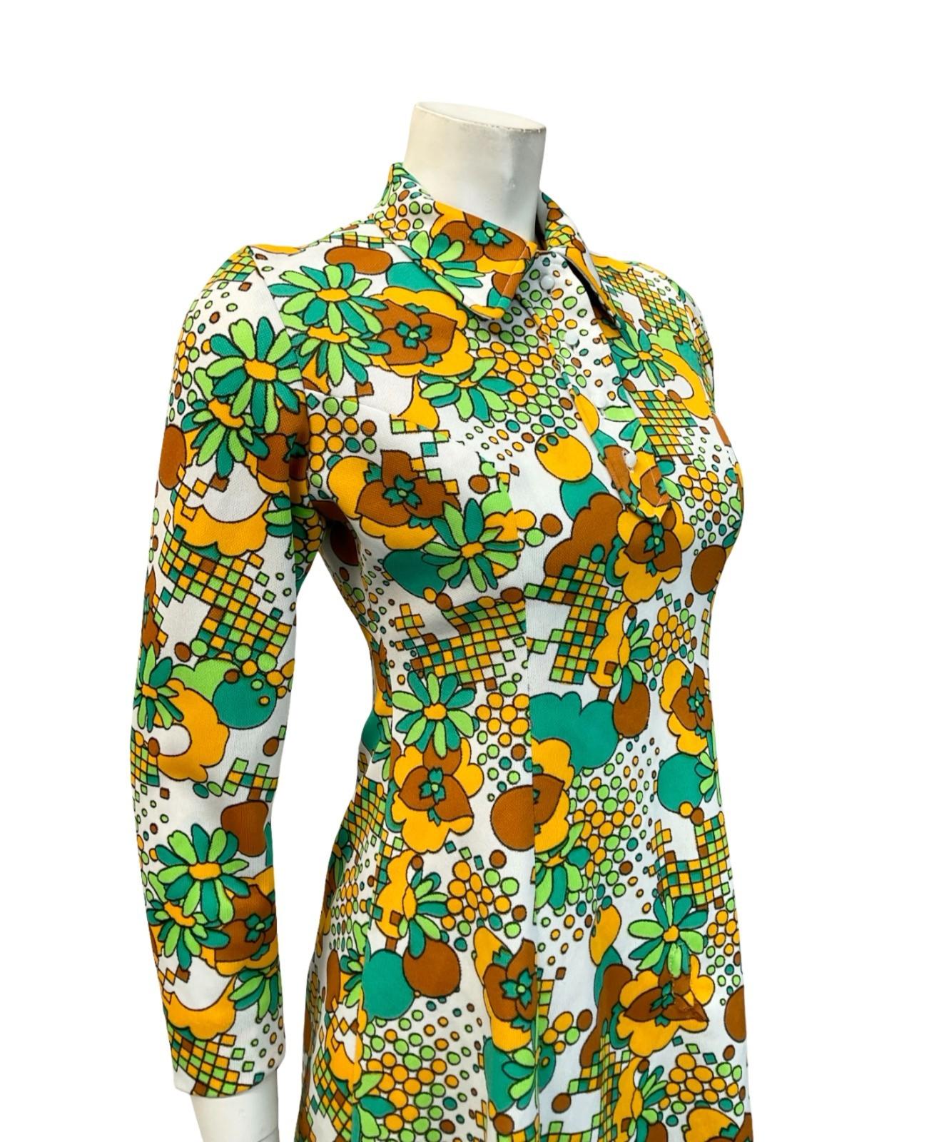 VTG 60S 70S WHITE GREEN YELLOW FLORAL MOD DOTTY GEOMETRIC SHIFT DRESS 10