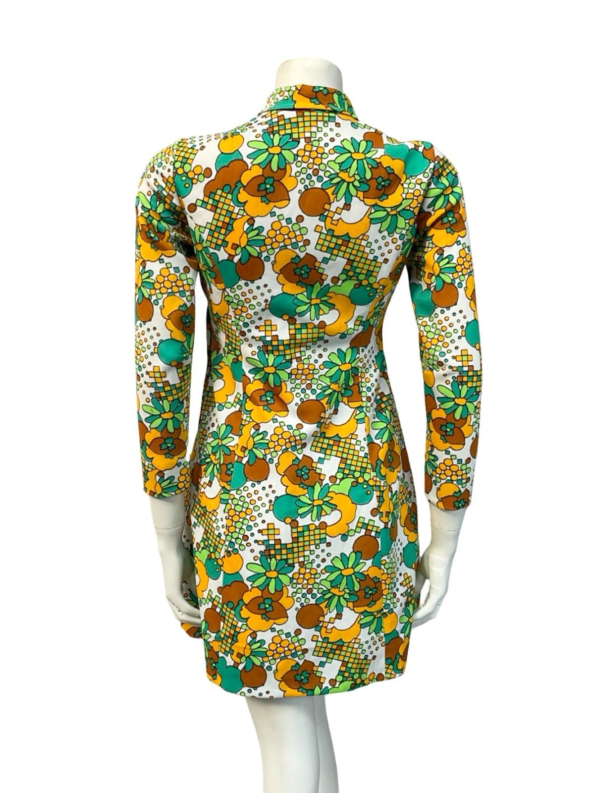 VTG 60S 70S WHITE GREEN YELLOW FLORAL MOD DOTTY GEOMETRIC SHIFT DRESS 10