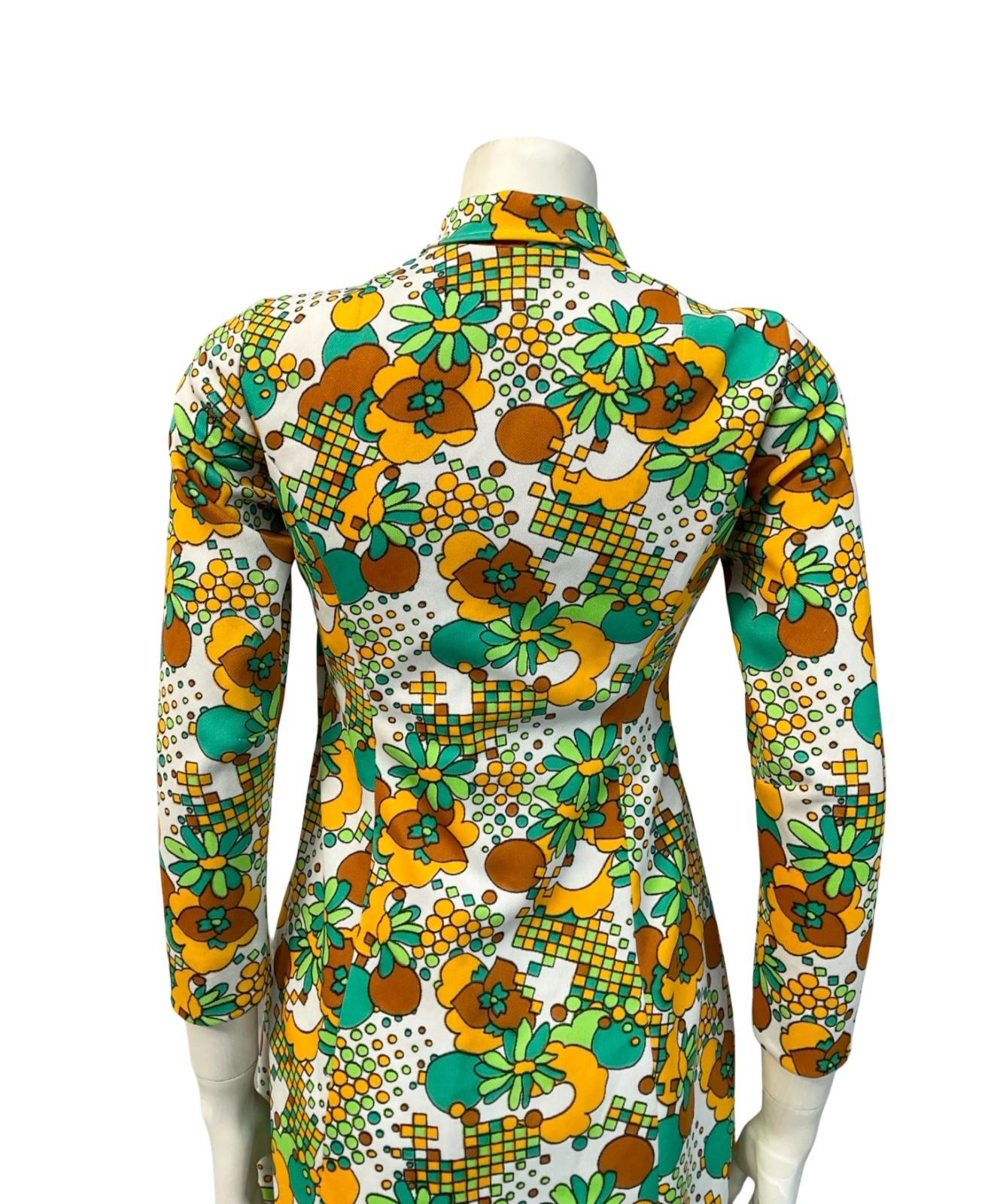 VTG 60S 70S WHITE GREEN YELLOW FLORAL MOD DOTTY GEOMETRIC SHIFT DRESS 10
