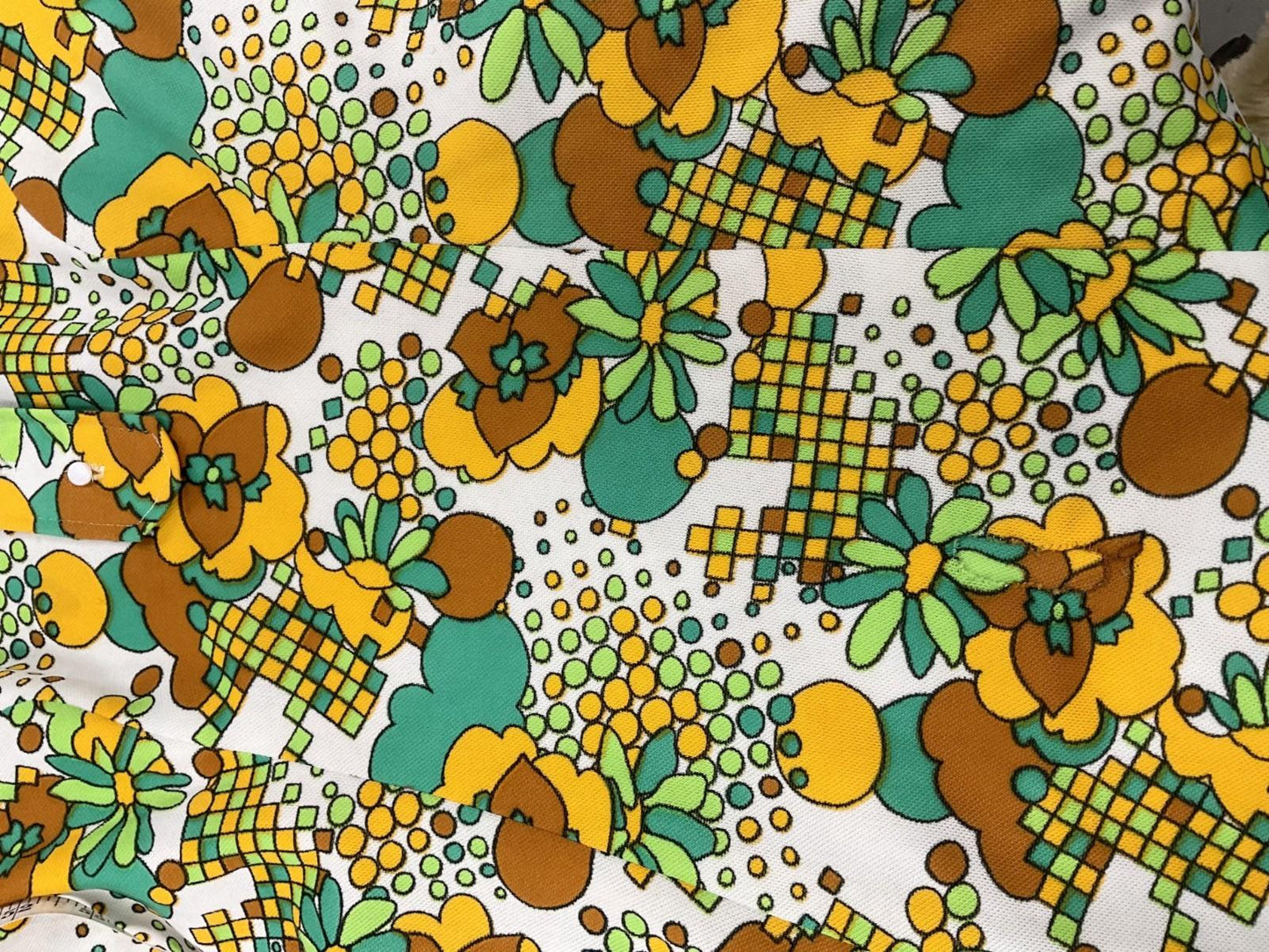 VTG 60S 70S WHITE GREEN YELLOW FLORAL MOD DOTTY GEOMETRIC SHIFT DRESS 10