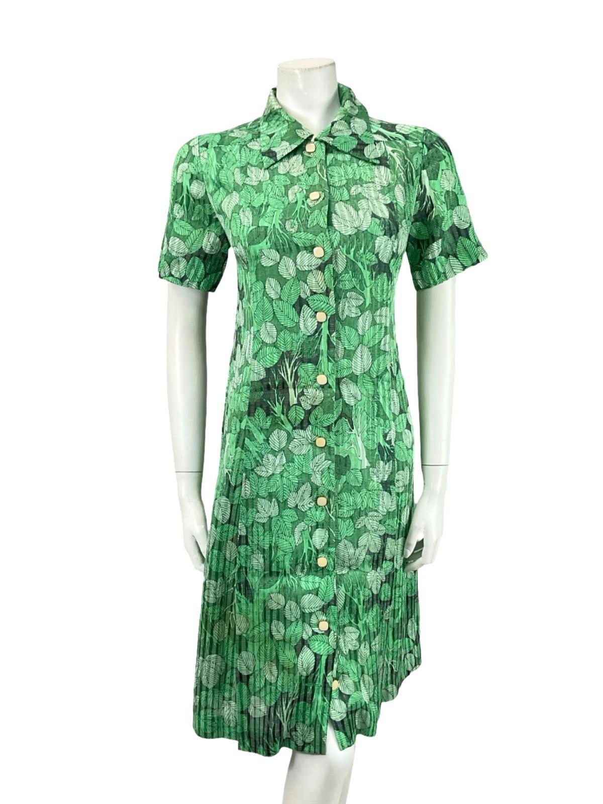 VTG 60S 70S JAPANESE GREEN BLACK TREE LEAFY DAGGER COLLAR SHIFT DRESS 12
