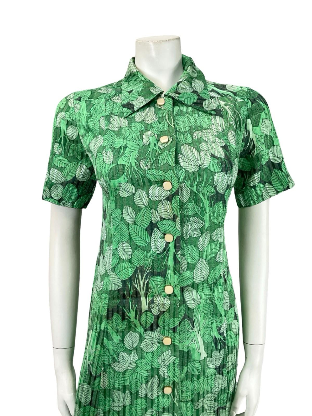VTG 60S 70S JAPANESE GREEN BLACK TREE LEAFY DAGGER COLLAR SHIFT DRESS 12