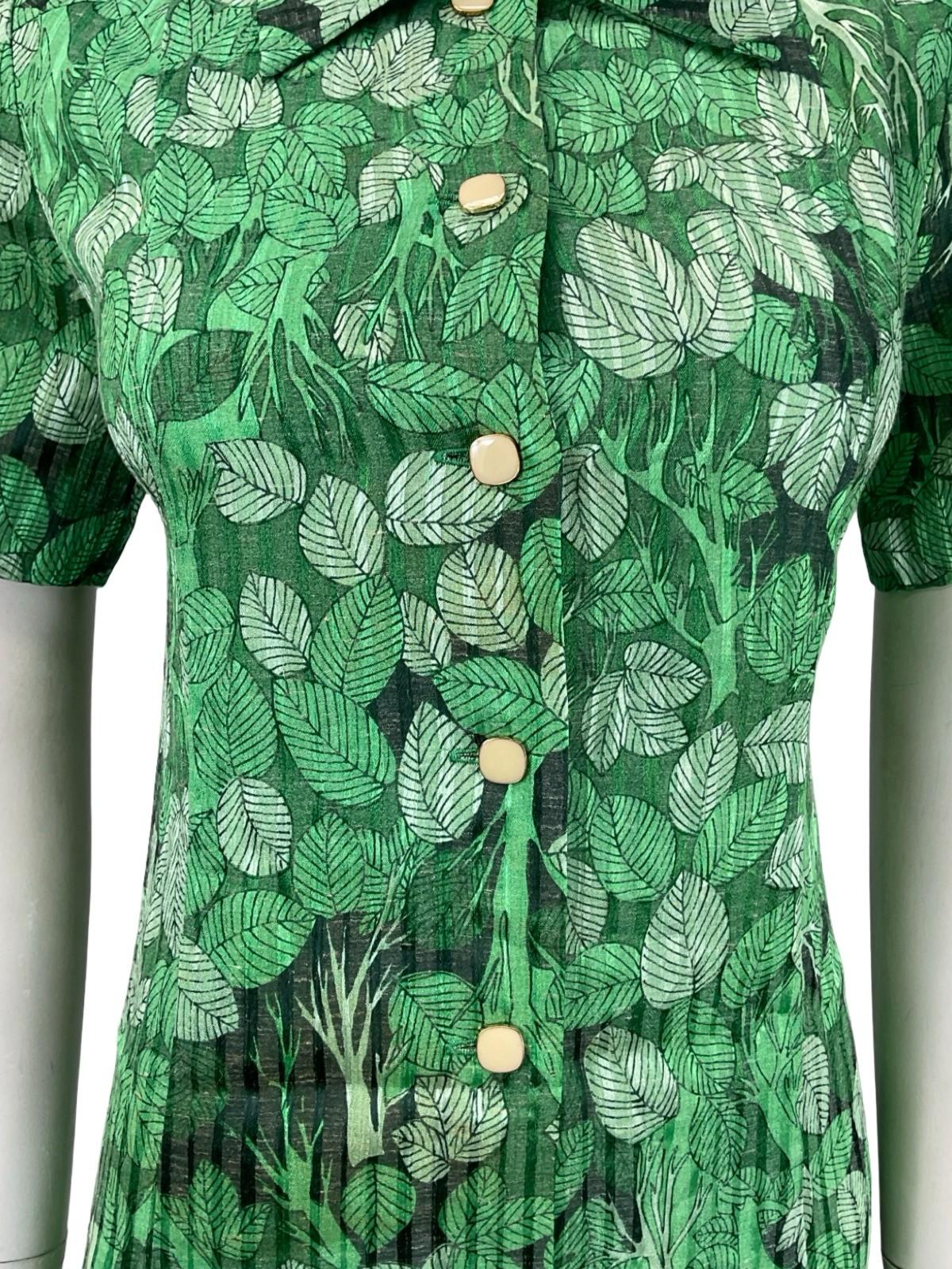 VTG 60S 70S JAPANESE GREEN BLACK TREE LEAFY DAGGER COLLAR SHIFT DRESS 12