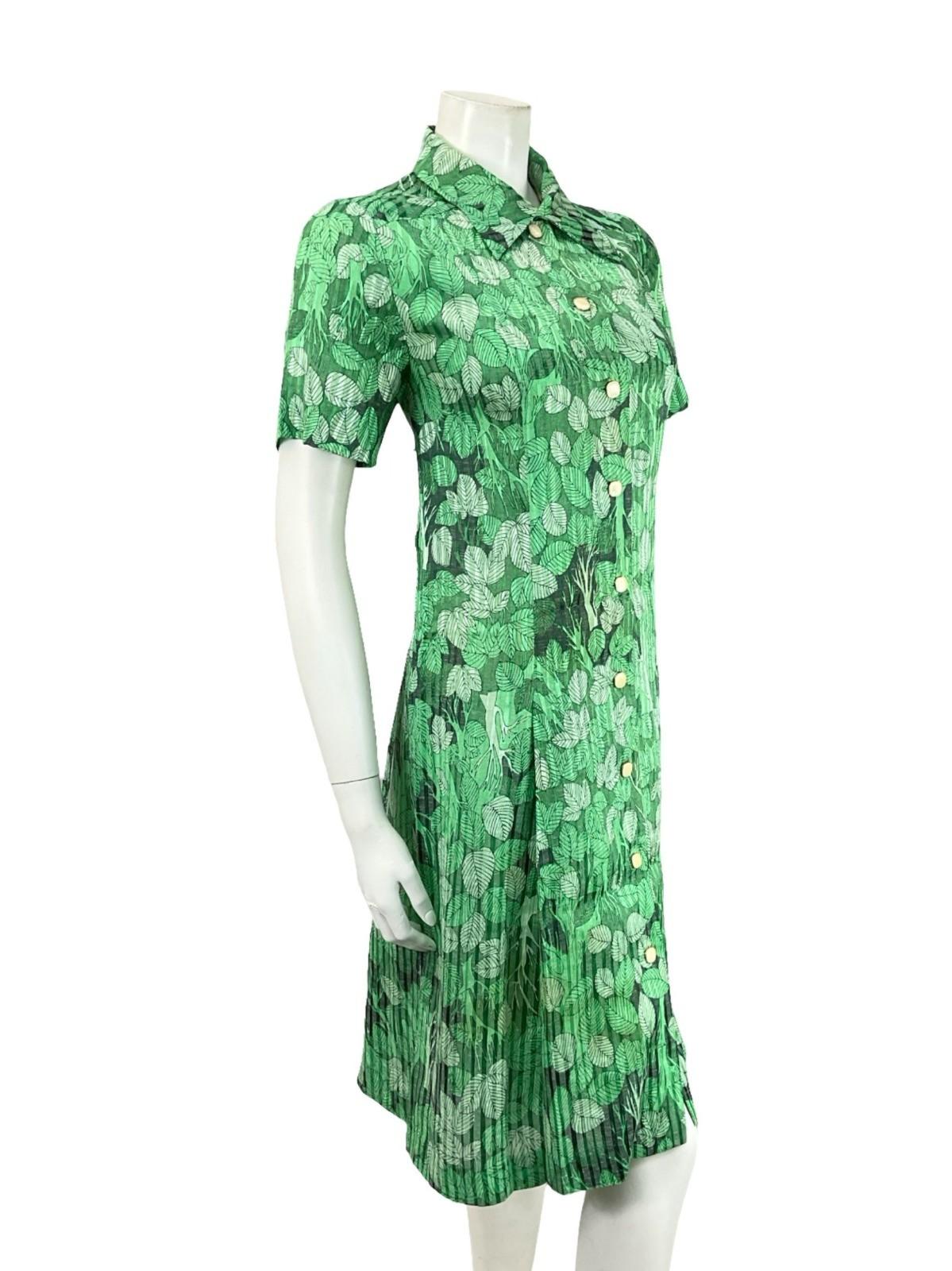 VTG 60S 70S JAPANESE GREEN BLACK TREE LEAFY DAGGER COLLAR SHIFT DRESS 12