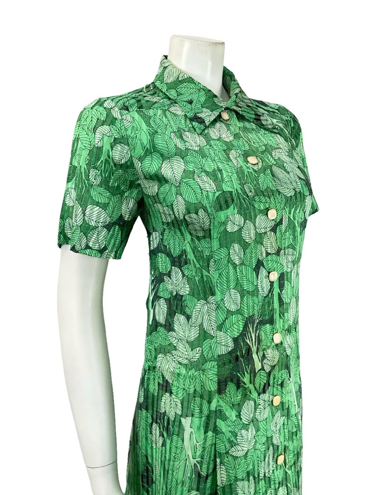VTG 60S 70S JAPANESE GREEN BLACK TREE LEAFY DAGGER COLLAR SHIFT DRESS 12