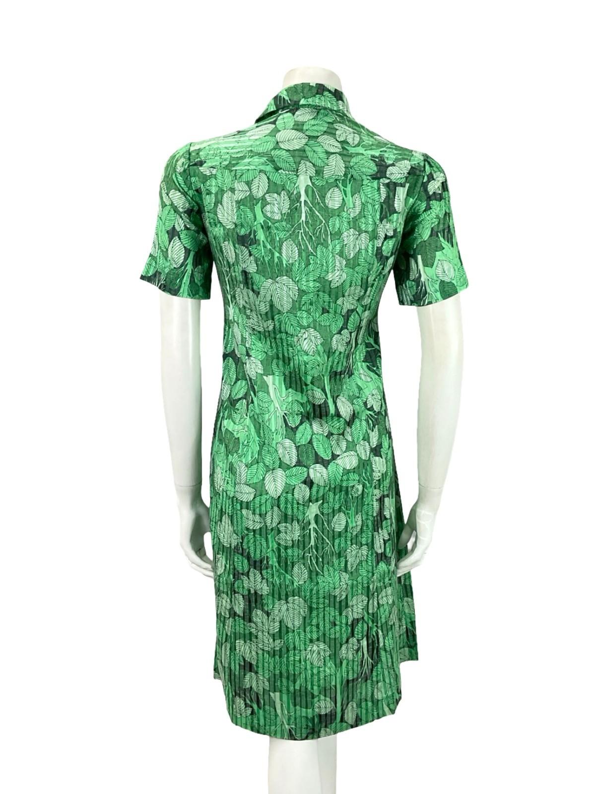 VTG 60S 70S JAPANESE GREEN BLACK TREE LEAFY DAGGER COLLAR SHIFT DRESS 12