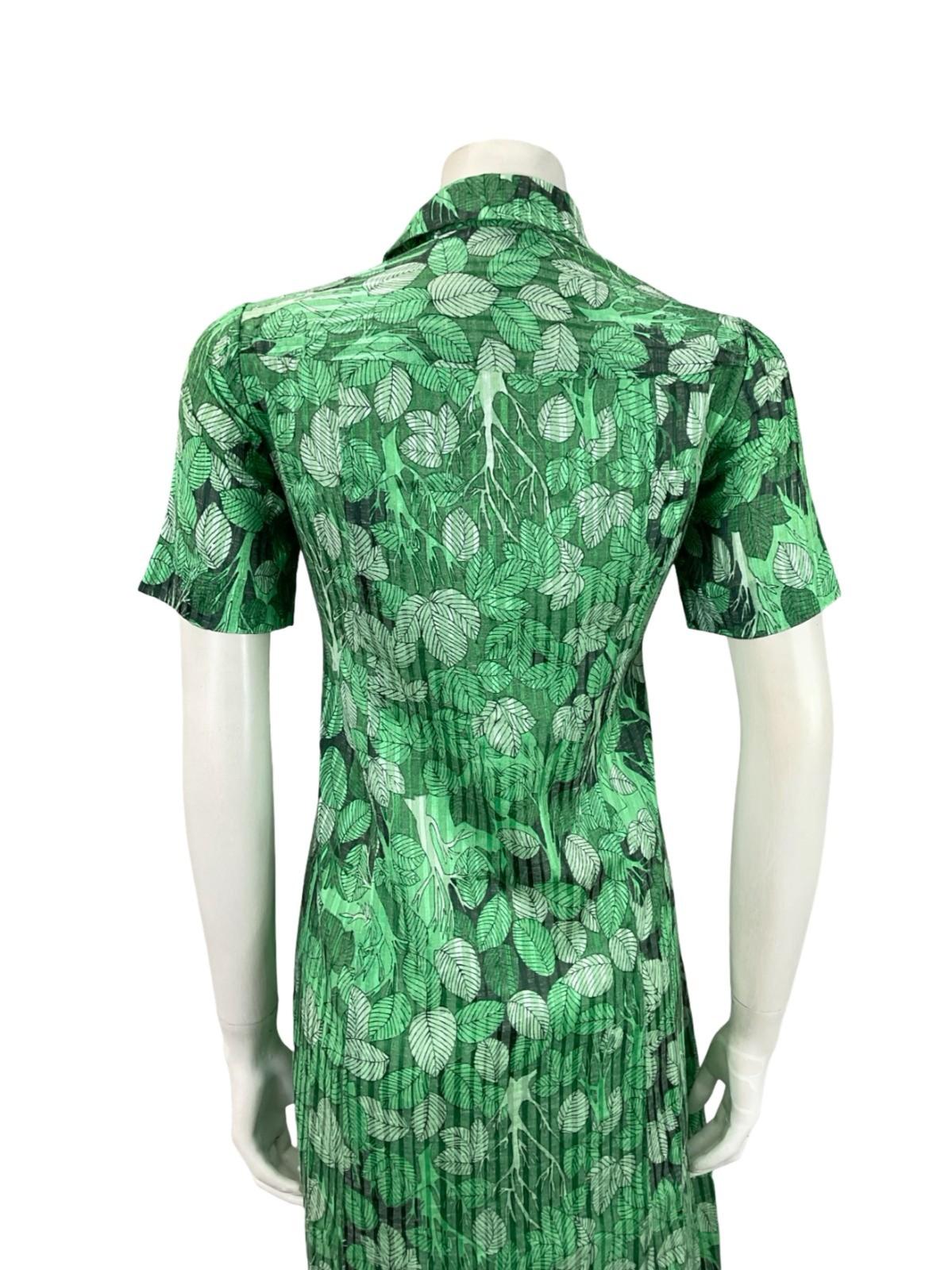 VTG 60S 70S JAPANESE GREEN BLACK TREE LEAFY DAGGER COLLAR SHIFT DRESS 12