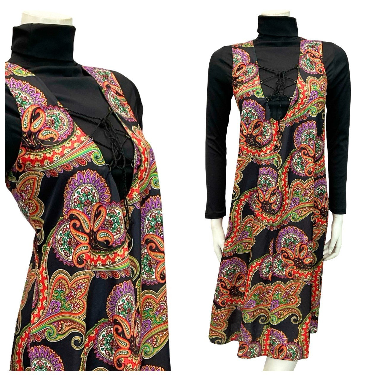 VTG 60S 70S BLACK RED PURPLE GREEN PSYCHEDELIC MANDALA LACE UP SMOCK PINAFORE 10