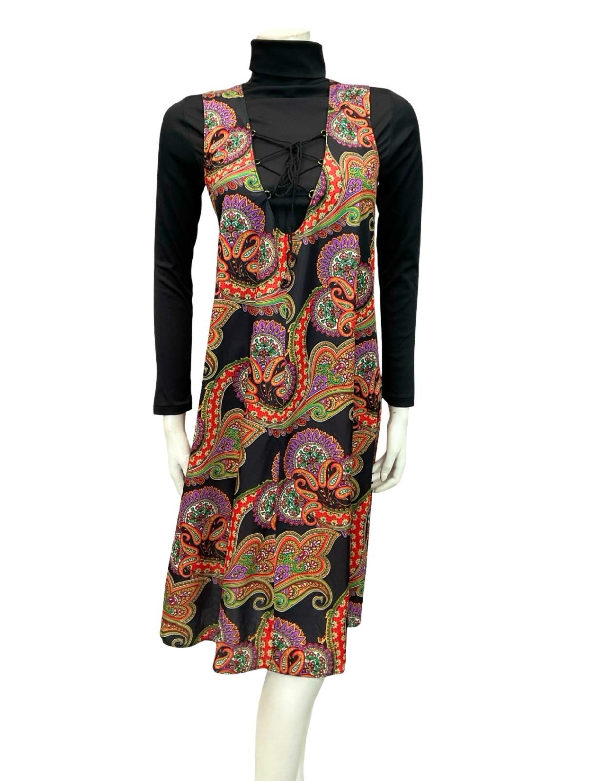 VTG 60S 70S BLACK RED PURPLE GREEN PSYCHEDELIC MANDALA LACE UP SMOCK PINAFORE 10