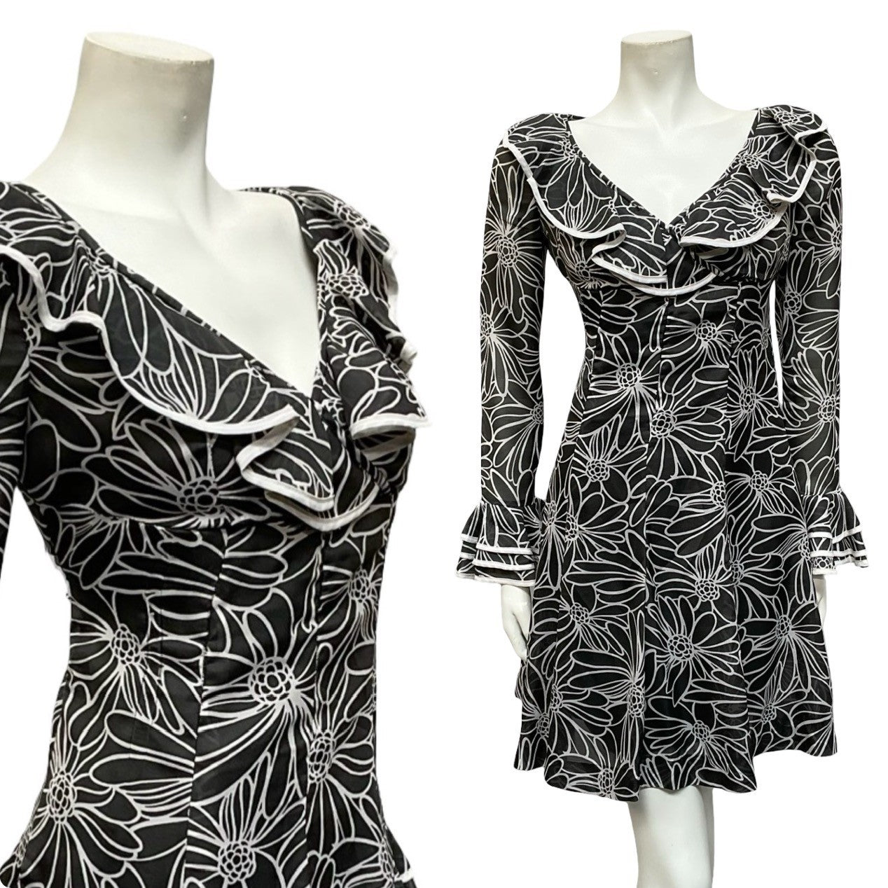 VTG 70S BLACK WHITE FLORAL RUFFLE MOD V NECK EMPIRE SKATER FLOATY MINI DRESS 12