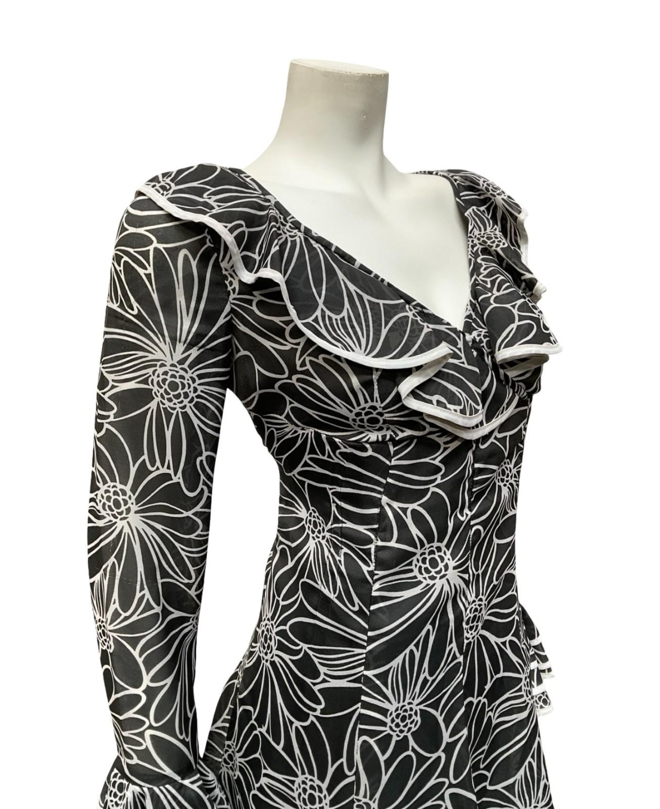 VTG 70S BLACK WHITE FLORAL RUFFLE MOD V NECK EMPIRE SKATER FLOATY MINI DRESS 12