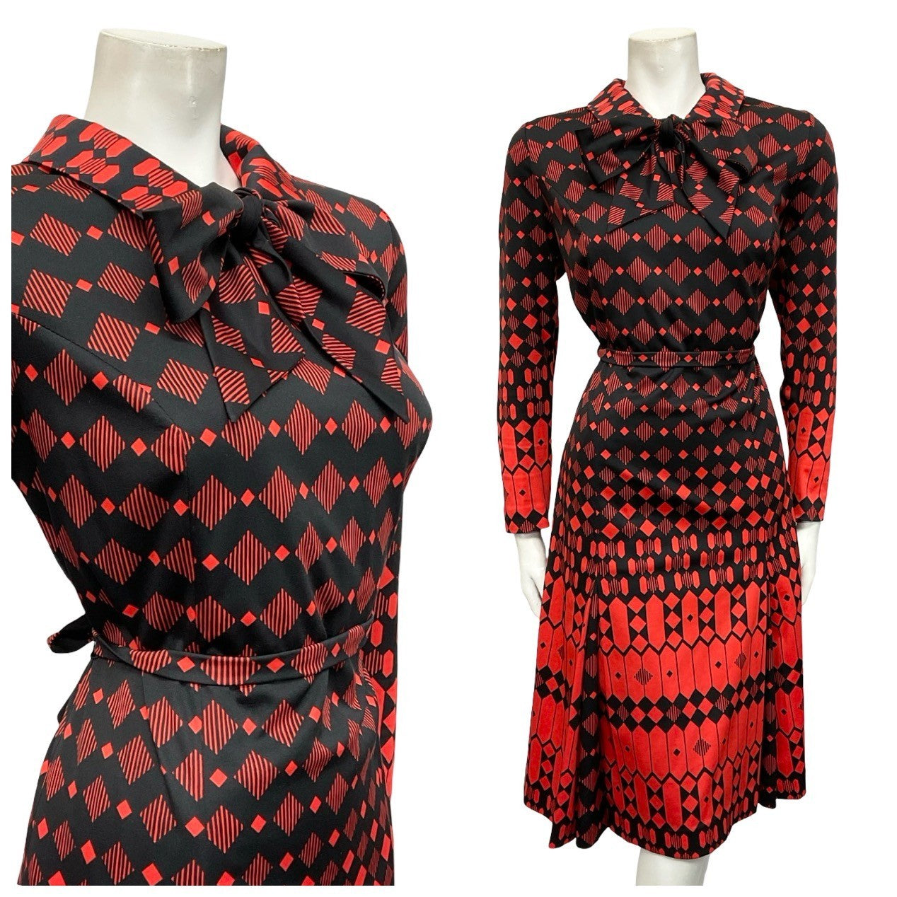 VTG 70S BLACK RED DIAMOND GEOMETRIC DAGGER PUSSYBOW TIE WAIST SHIRT DRESS 12