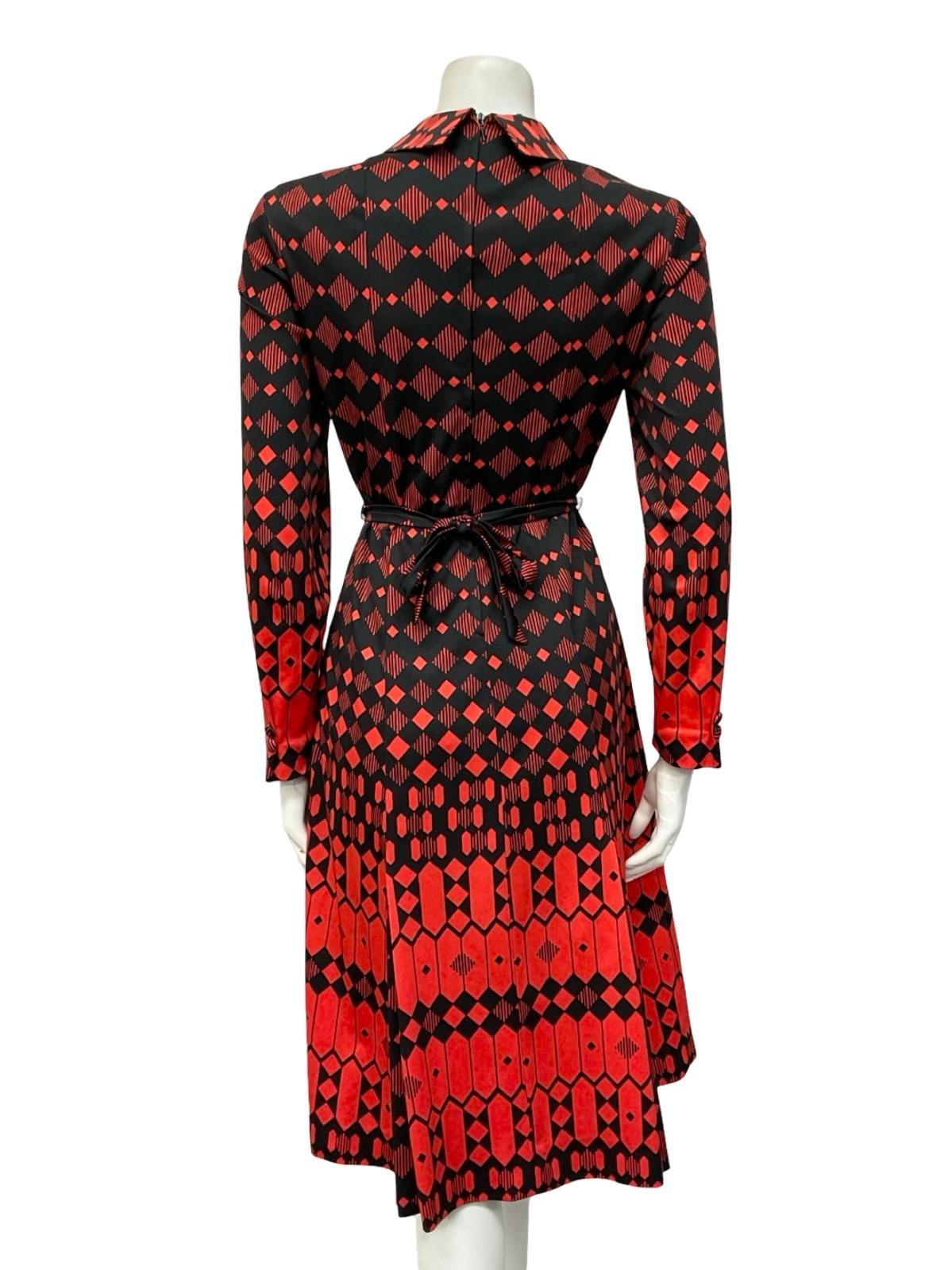 VTG 70S BLACK RED DIAMOND GEOMETRIC DAGGER PUSSYBOW TIE WAIST SHIRT DRESS 12