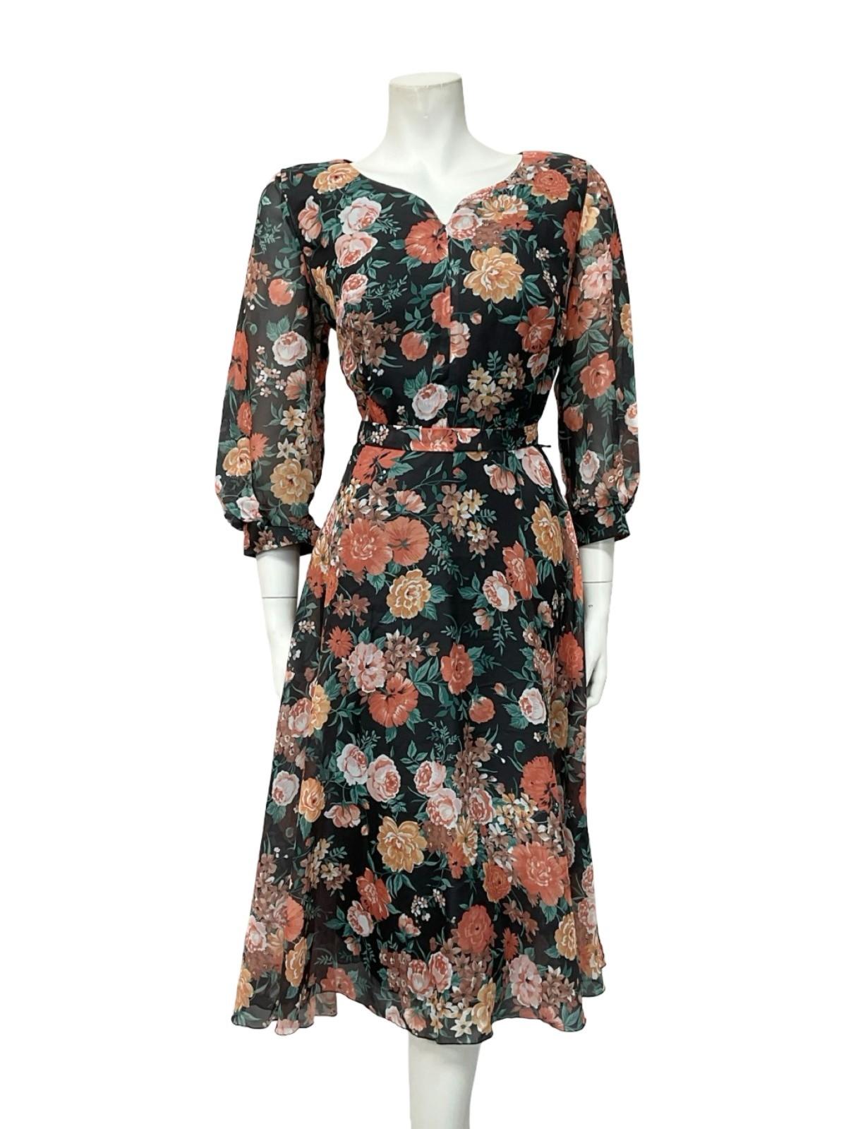VTG 70S BLACK PINK ORNGE GREEN ROSE FLORAL SWEETHEART TIE WAIST TEA DRESS 10 12