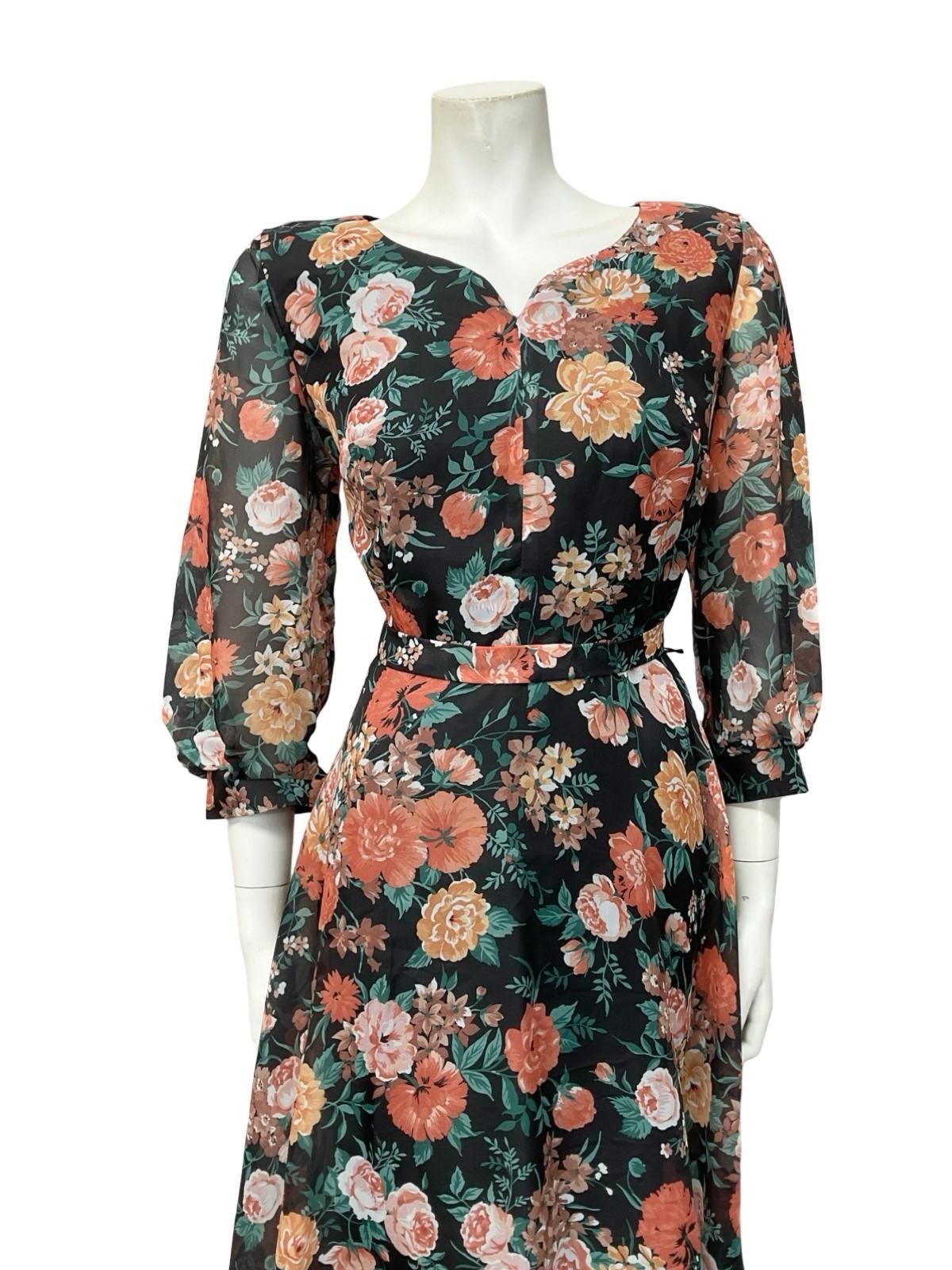 VTG 70S BLACK PINK ORNGE GREEN ROSE FLORAL SWEETHEART TIE WAIST TEA DRESS 10 12