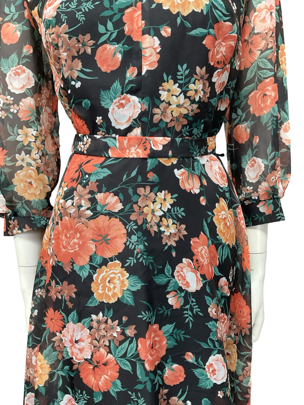 VTG 70S BLACK PINK ORNGE GREEN ROSE FLORAL SWEETHEART TIE WAIST TEA DRESS 10 12