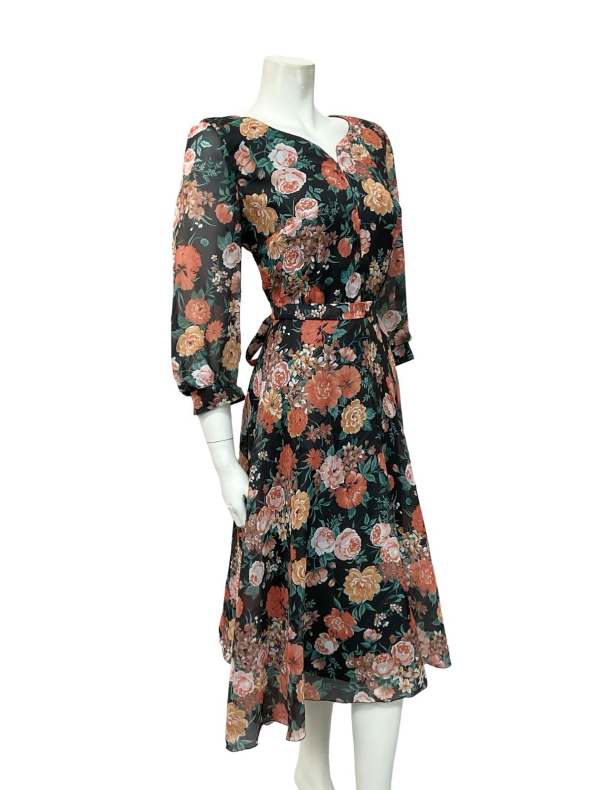 VTG 70S BLACK PINK ORNGE GREEN ROSE FLORAL SWEETHEART TIE WAIST TEA DRESS 10 12