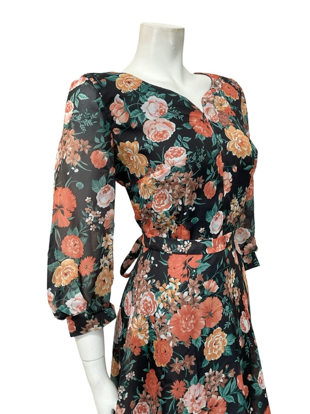 VTG 70S BLACK PINK ORNGE GREEN ROSE FLORAL SWEETHEART TIE WAIST TEA DRESS 10 12