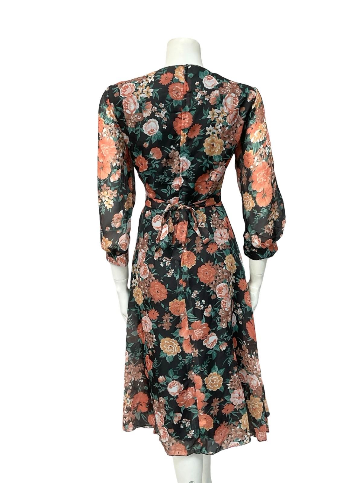 VTG 70S BLACK PINK ORNGE GREEN ROSE FLORAL SWEETHEART TIE WAIST TEA DRESS 10 12