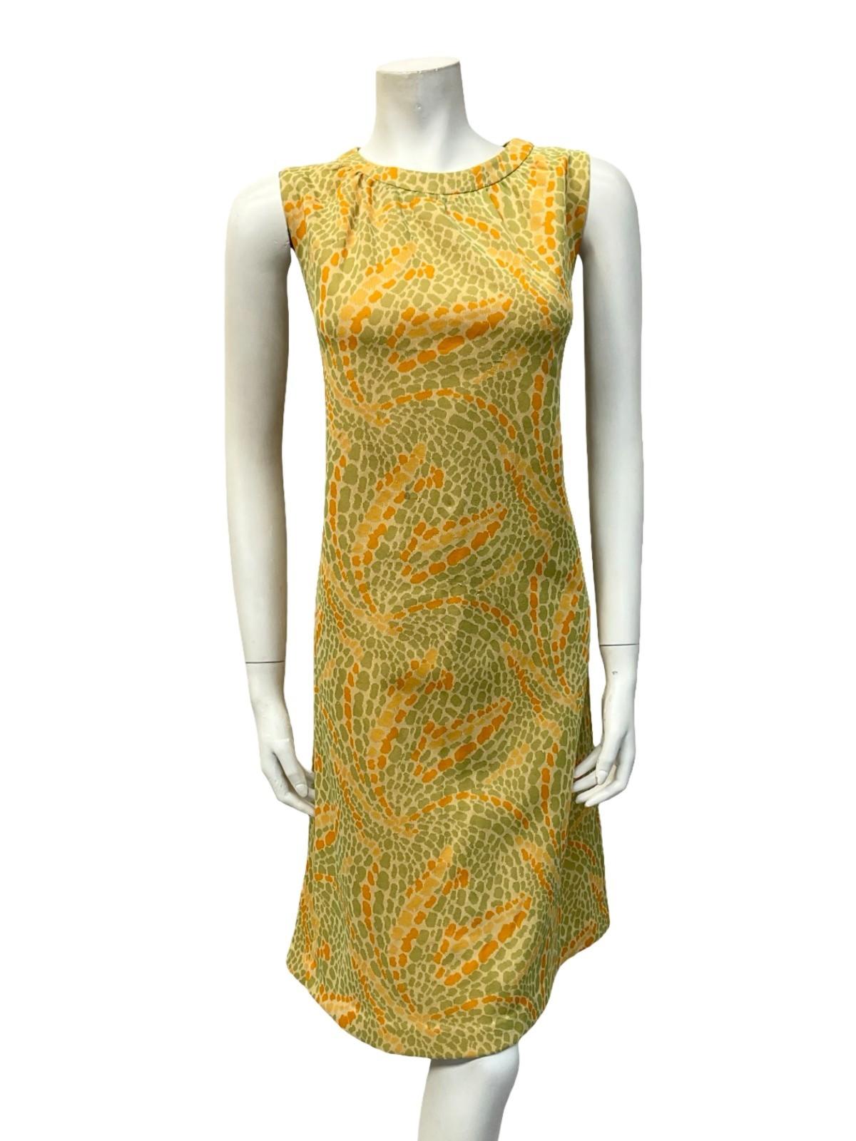 VTG 60S MOD PSYCHEDELIC DOTTY SWIRL GREEN ORANGE YELLOW SHIFT MIDI DRESS 12