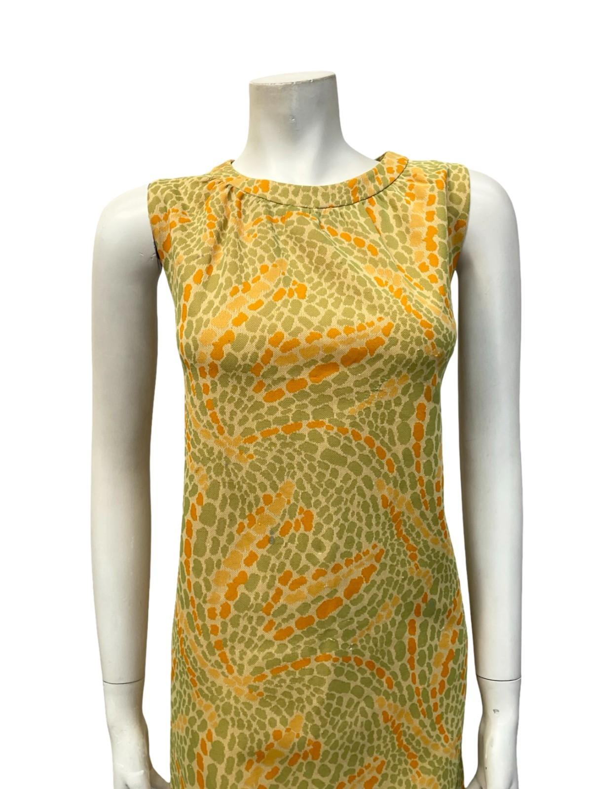 VTG 60S MOD PSYCHEDELIC DOTTY SWIRL GREEN ORANGE YELLOW SHIFT MIDI DRESS 12