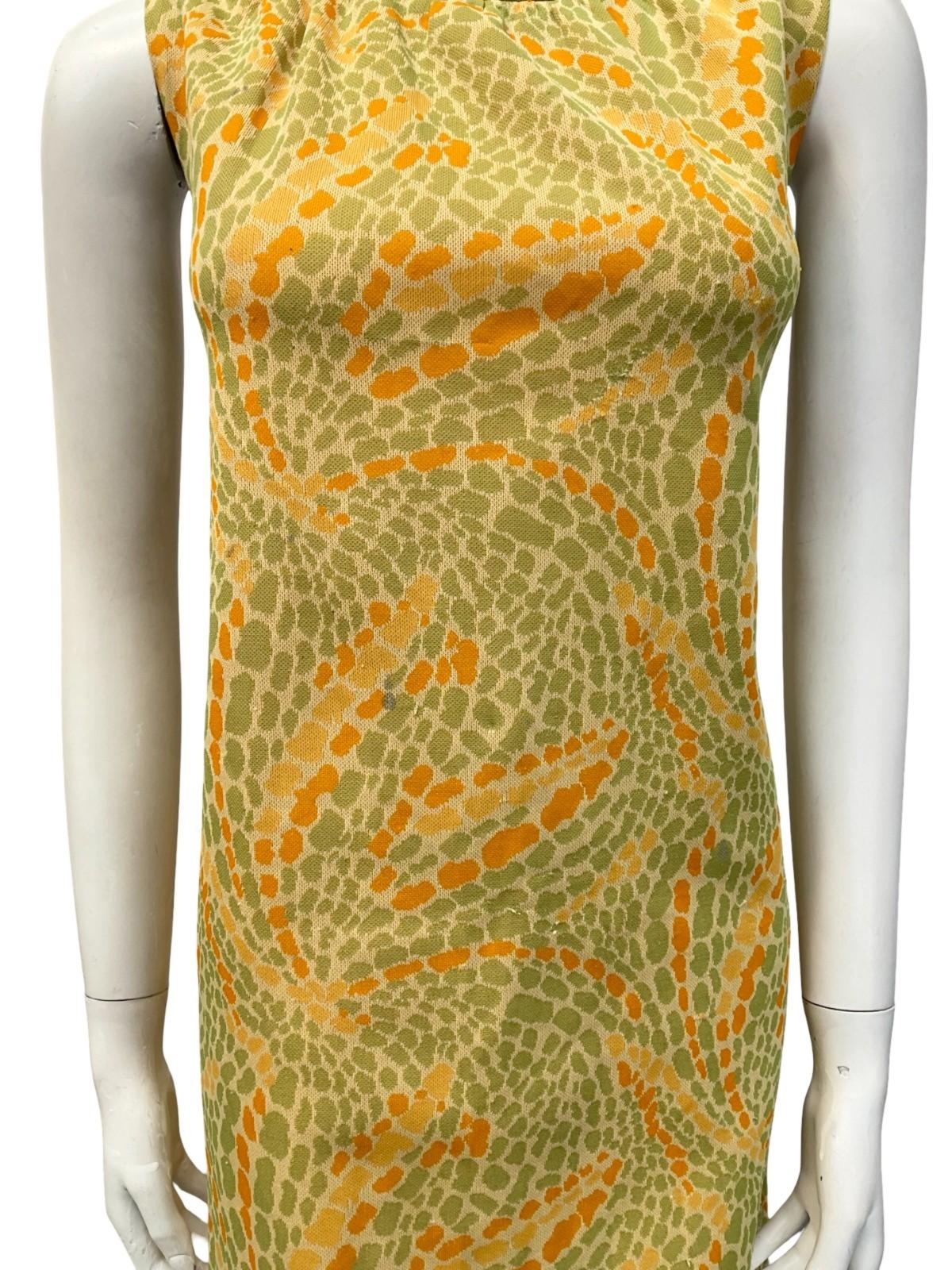VTG 60S MOD PSYCHEDELIC DOTTY SWIRL GREEN ORANGE YELLOW SHIFT MIDI DRESS 12